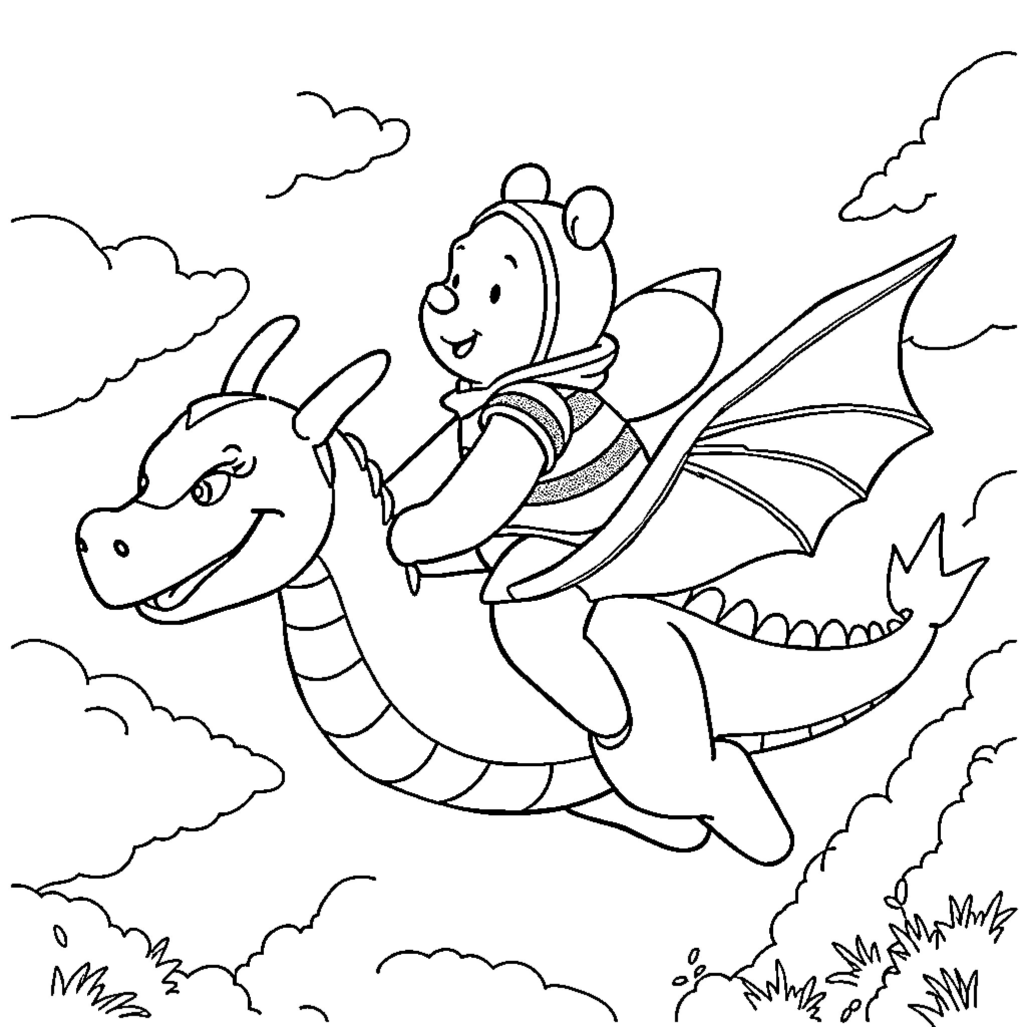 Winnie The Pooh riding a friendly dragon in the sky Coloring Page (free black-and-white line drawing printable PDF for all, from beginners to advanced learners, including children, teens, adults, and seniors)