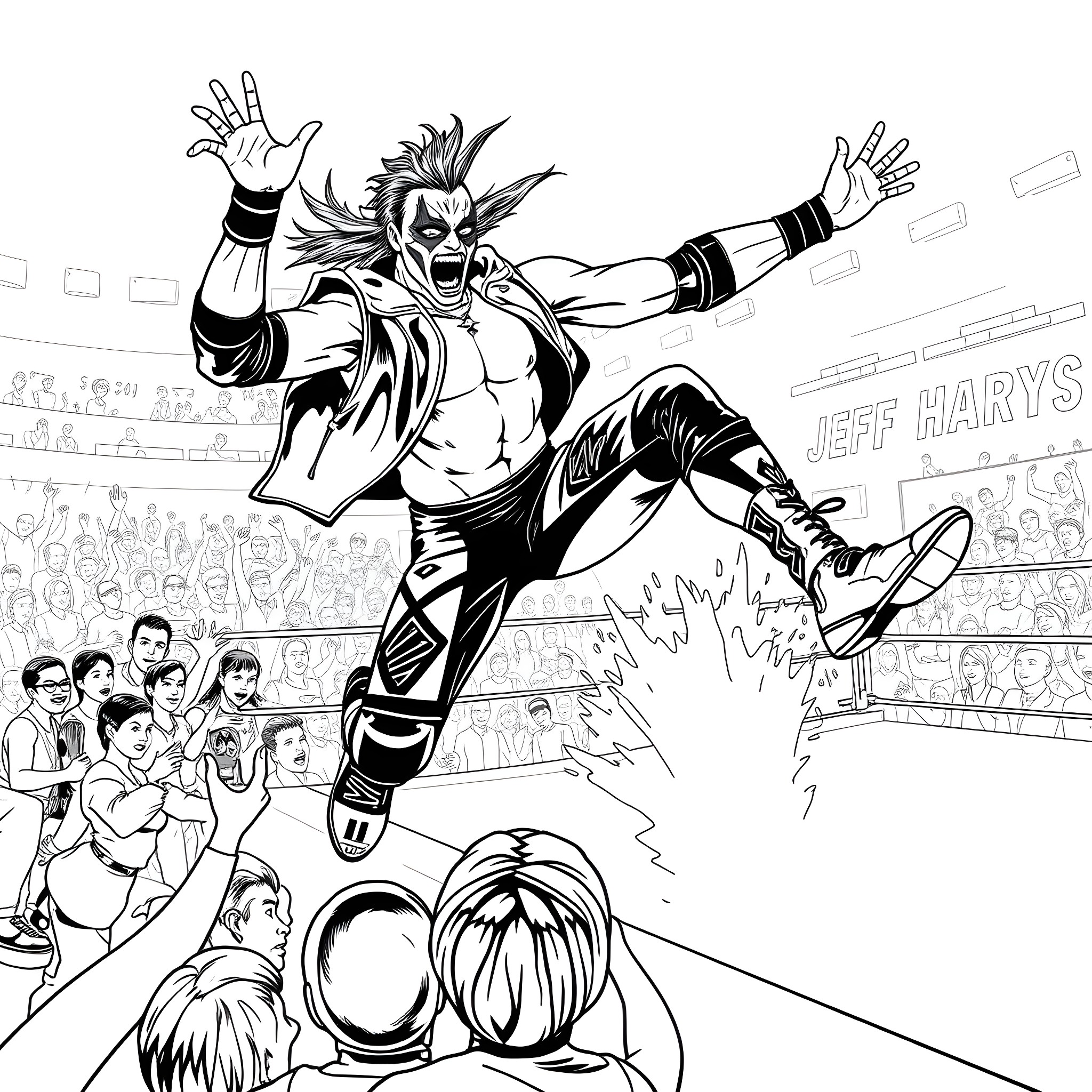 Jeff Hardy Performing High-Flying Stunts in the Ring Coloring Page (free black-and-white line drawing printable PDF for all, from beginners to advanced learners, including children, teens, adults, and seniors)
