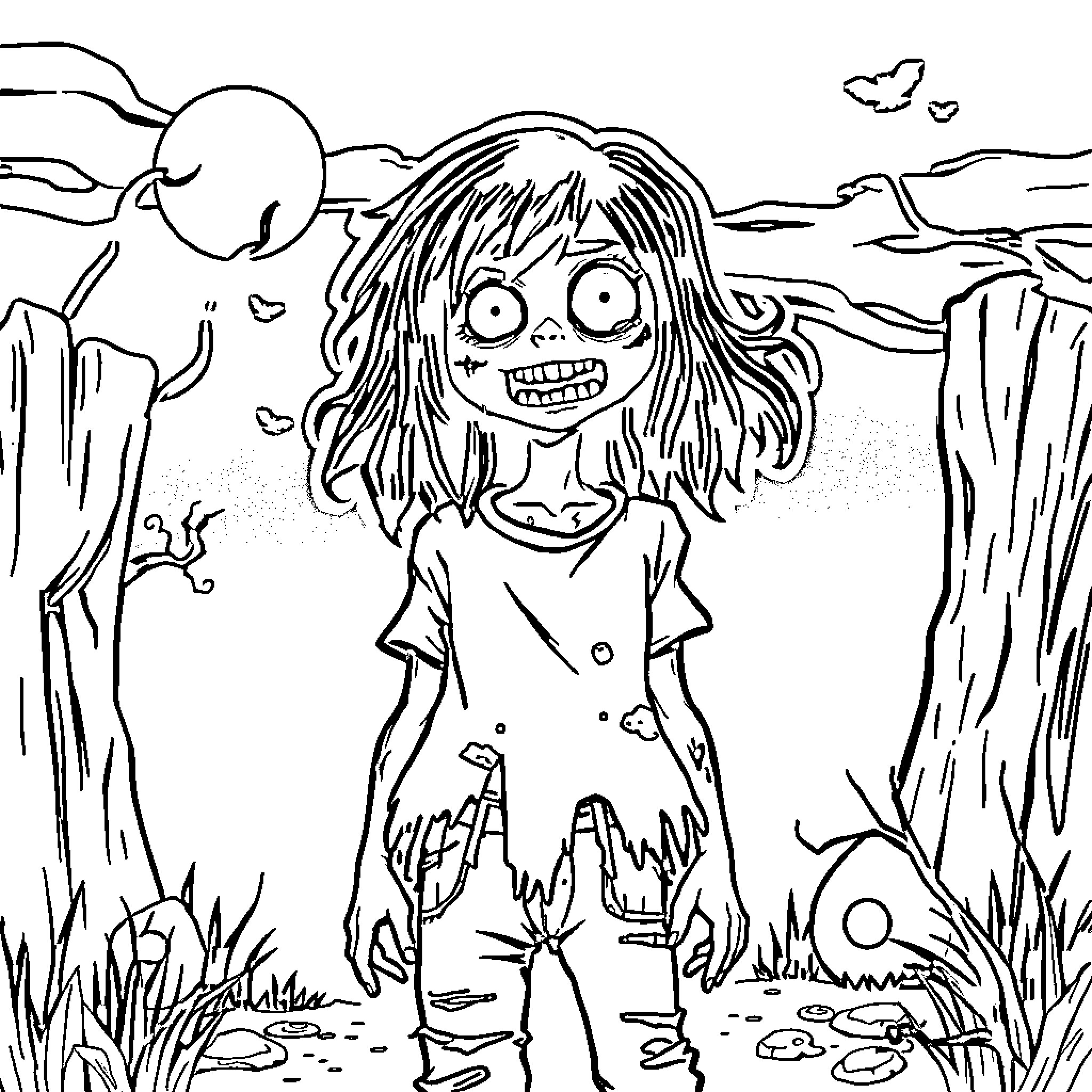 Gaby Chat: Eerie figure in creepy outdoor scene Coloring Page (free black-and-white line drawing printable PDF for all, from beginners to advanced learners, including children, teens, adults, and seniors)