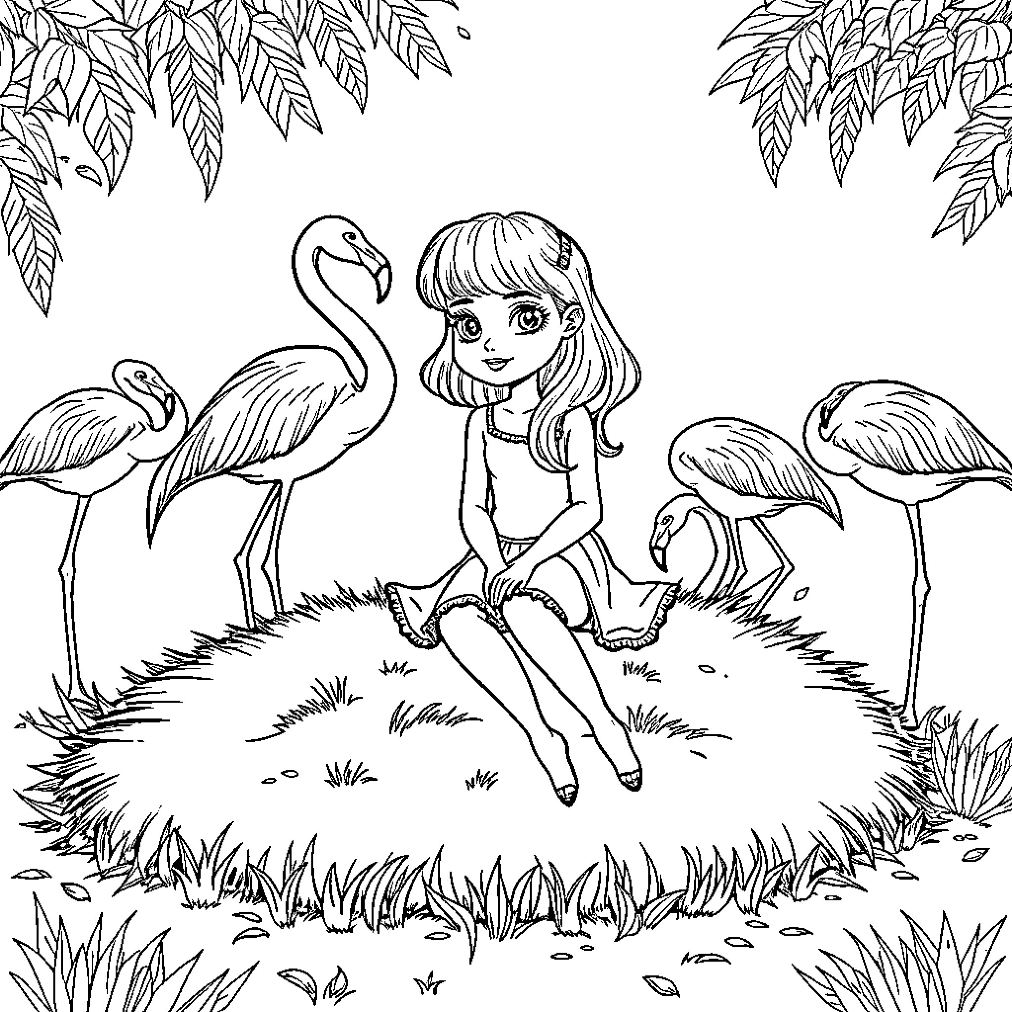 Ella enjoying nature with flamingos Coloring Page (free black-and-white line drawing printable PDF for all, from beginners to advanced learners, including children, teens, adults, and seniors)