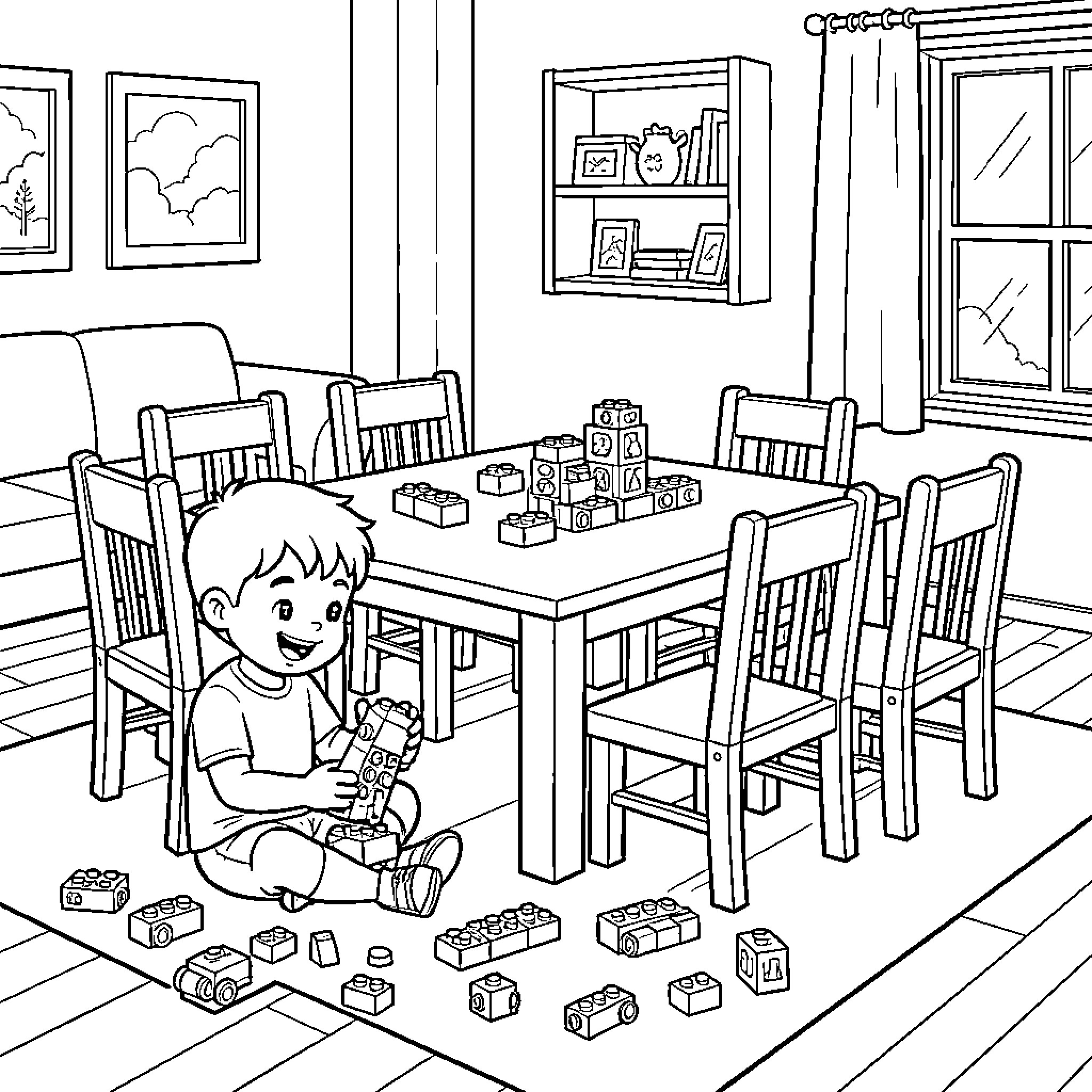 Niño playing happily with building blocks at the table Coloring Page (free black-and-white line drawing printable PDF for all, from beginners to advanced learners, including children, teens, adults, and seniors)