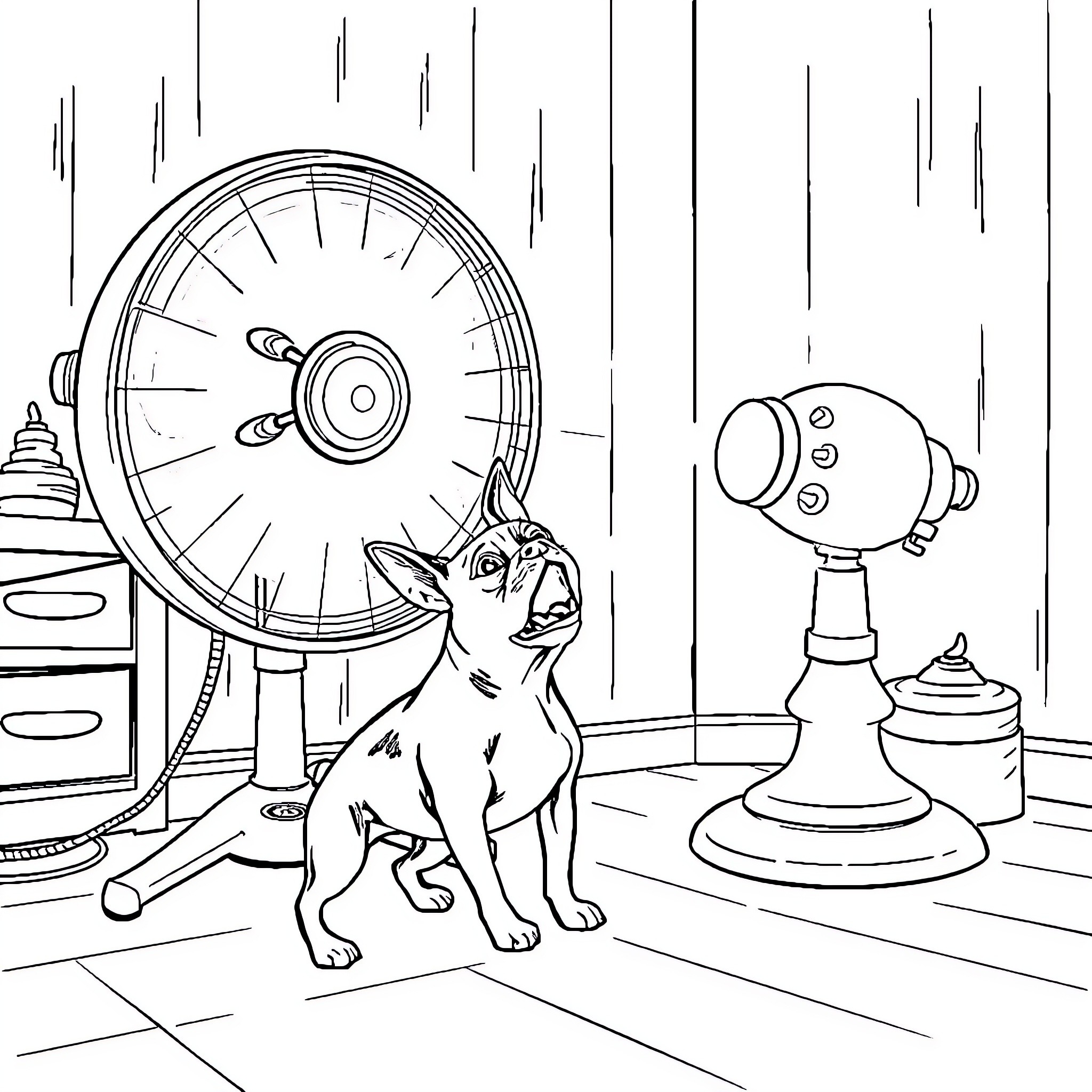 Boston Terrier Enjoying the Breeze from a Fan Coloring Page (free black-and-white line drawing printable PDF for all, from beginners to advanced learners, including children, teens, adults, and seniors)