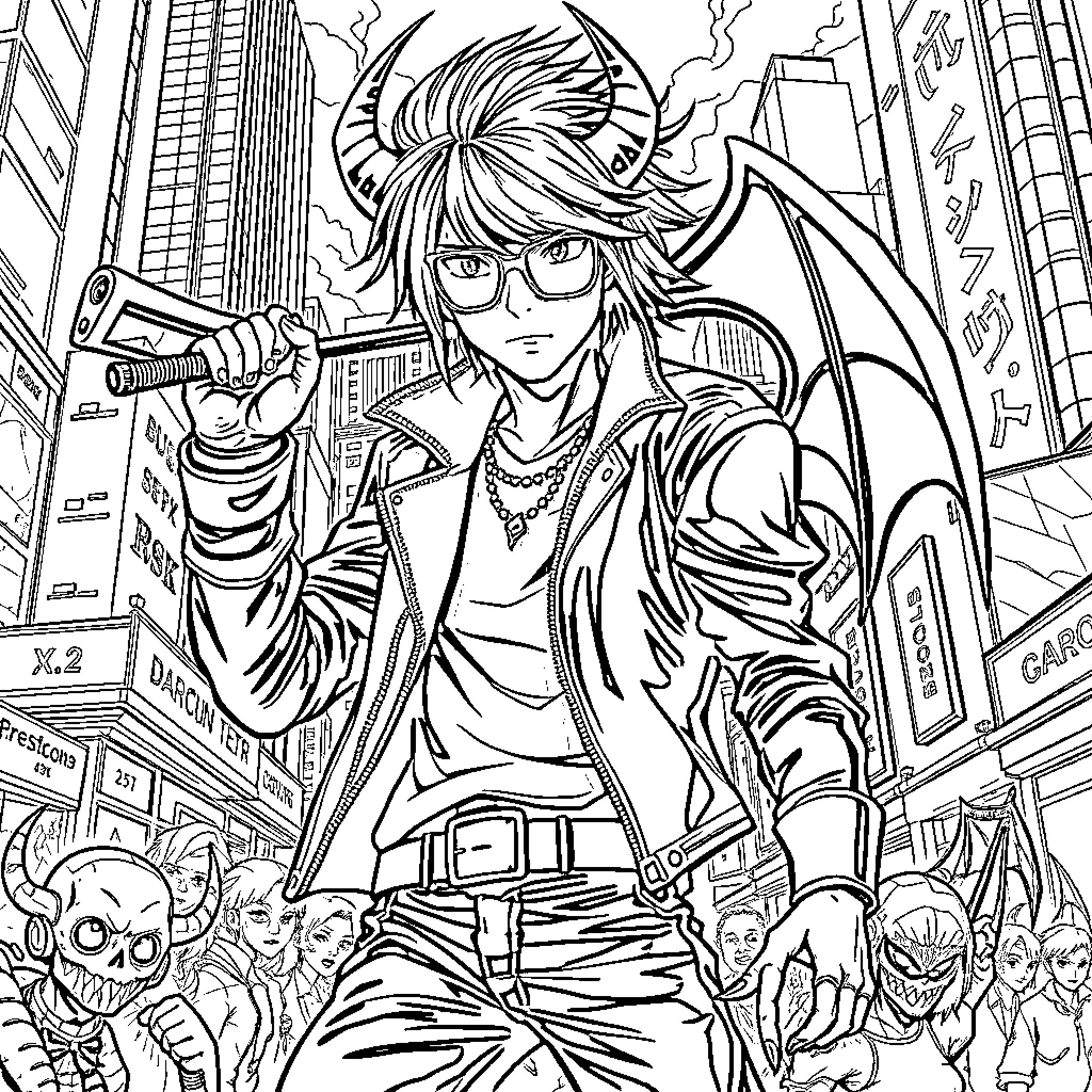 Demon Hunter Battling Dark Forces in the City Coloring Page (free black-and-white line drawing printable PDF for all, from beginners to advanced learners, including children, teens, adults, and seniors)