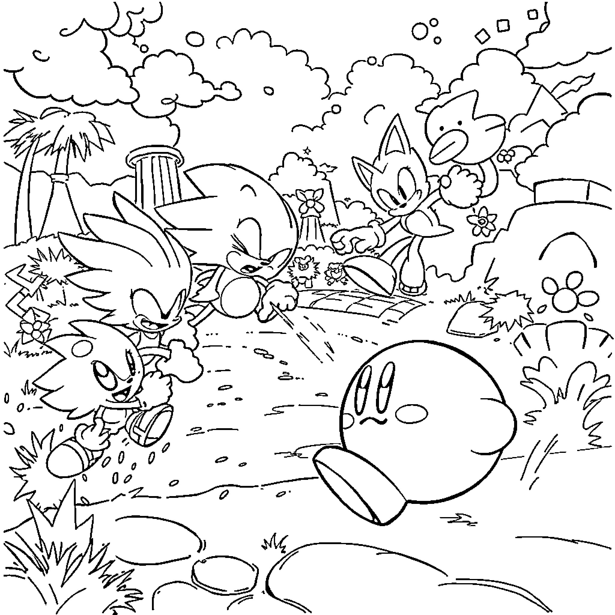 Kirby's Adventurous Escapades in Dreamland Coloring Page (free black-and-white line drawing printable PDF for all, from beginners to advanced learners, including children, teens, adults, and seniors)