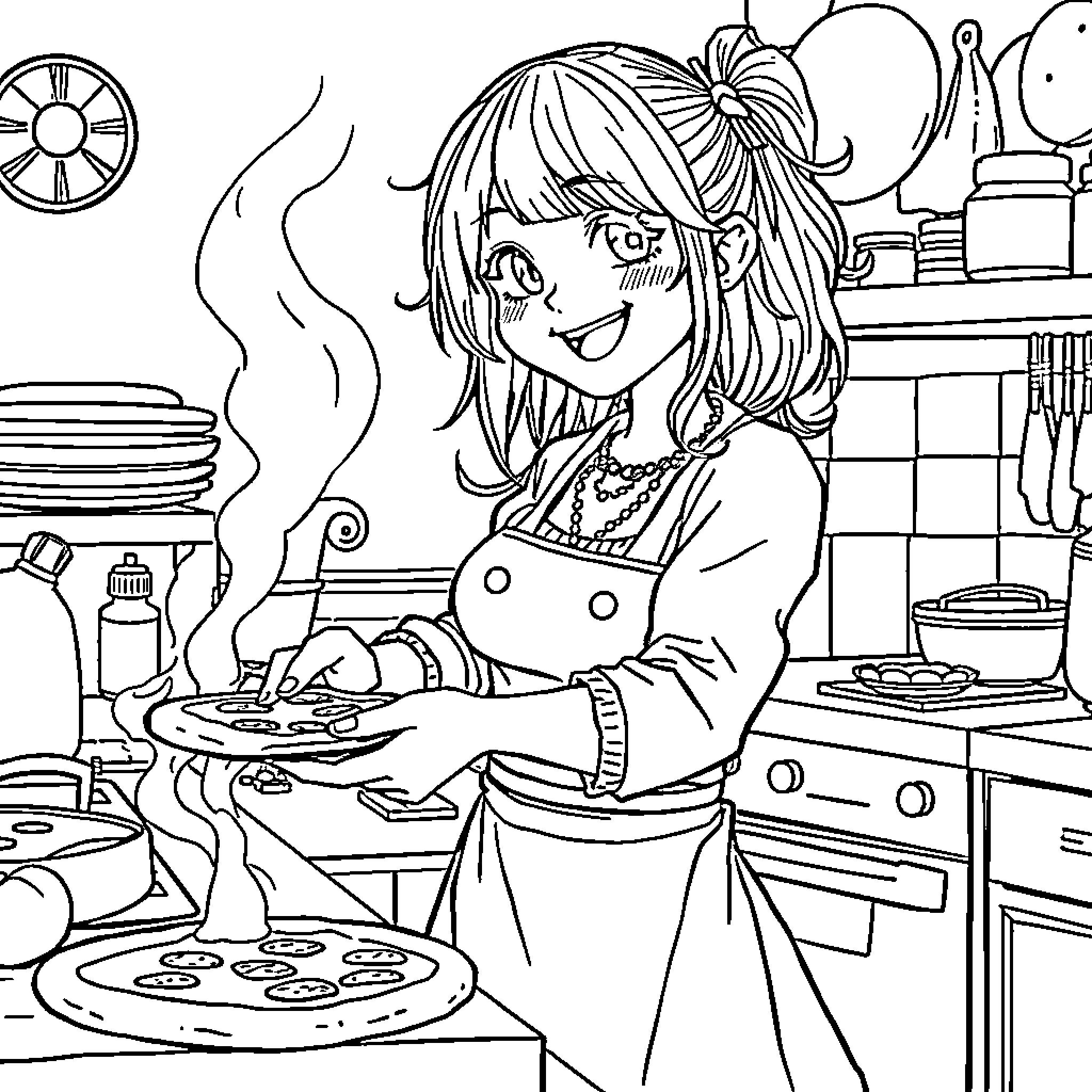 Girl baking cookies happily in the kitchen Coloring Page (free black-and-white line drawing printable PDF for all, from beginners to advanced learners, including children, teens, adults, and seniors)