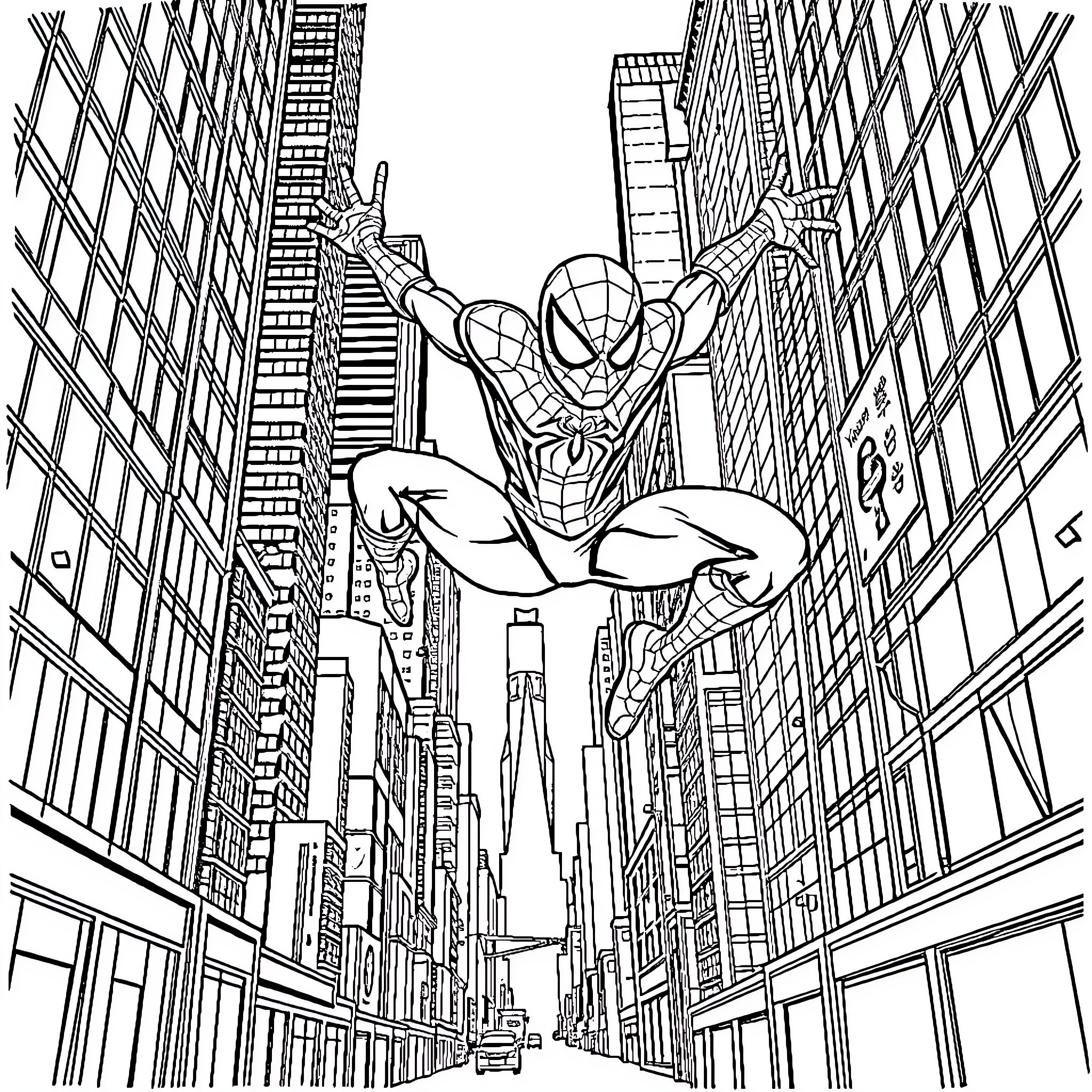 Spider-Man swinging through the city skyline Coloring Page (free black-and-white line drawing printable PDF for all, from beginners to advanced learners, including children, teens, adults, and seniors)