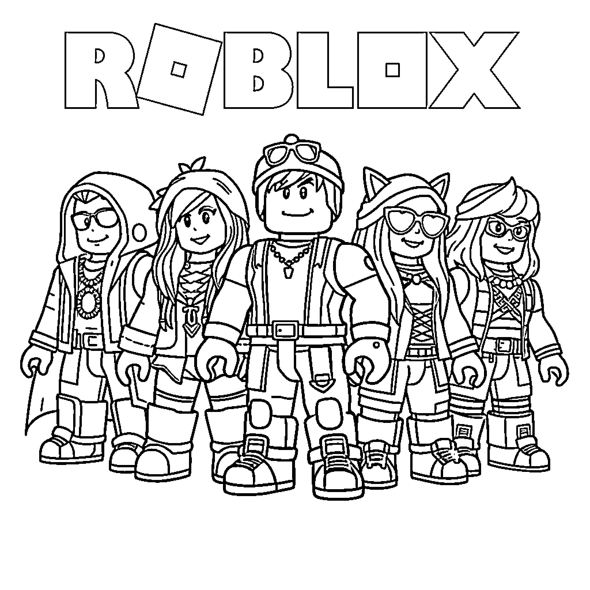 Roblox Dolls in Different Outfits and Poses Coloring Page (free black-and-white line drawing printable PDF for all, from beginners to advanced learners, including children, teens, adults, and seniors)