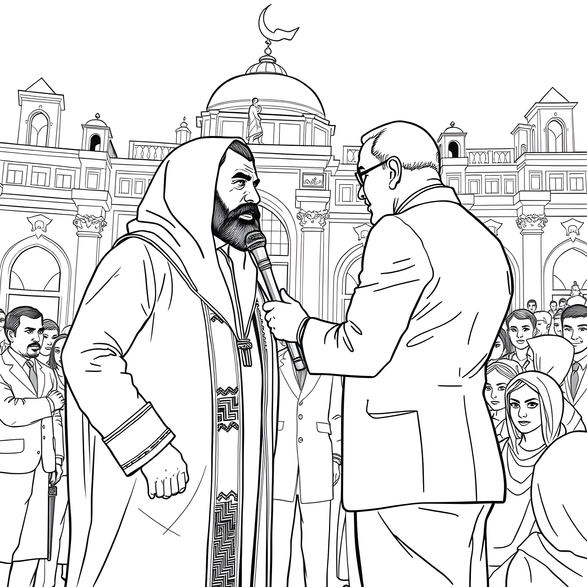 Bahgat Saber Delivering a Sermon in a Mosque Coloring Page (free black-and-white line drawing printable PDF for all, from beginners to advanced learners, including children, teens, adults, and seniors)