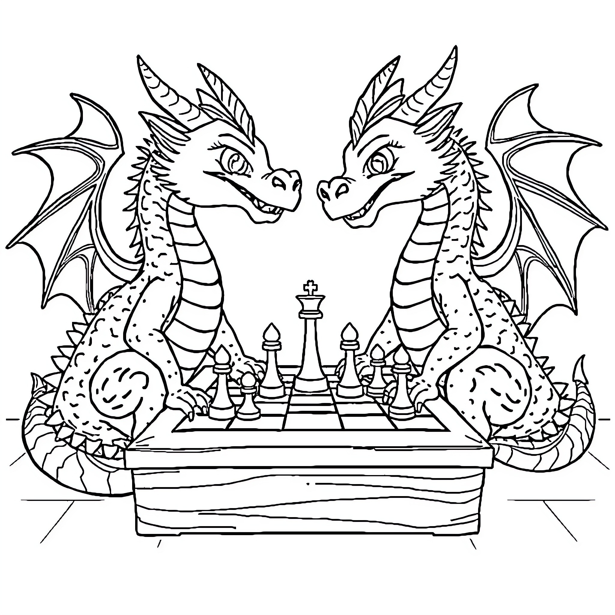 Dragon chess match between two fierce opponents Coloring Page (free black-and-white line drawing printable PDF for all, from beginners to advanced learners, including children, teens, adults, and seniors)