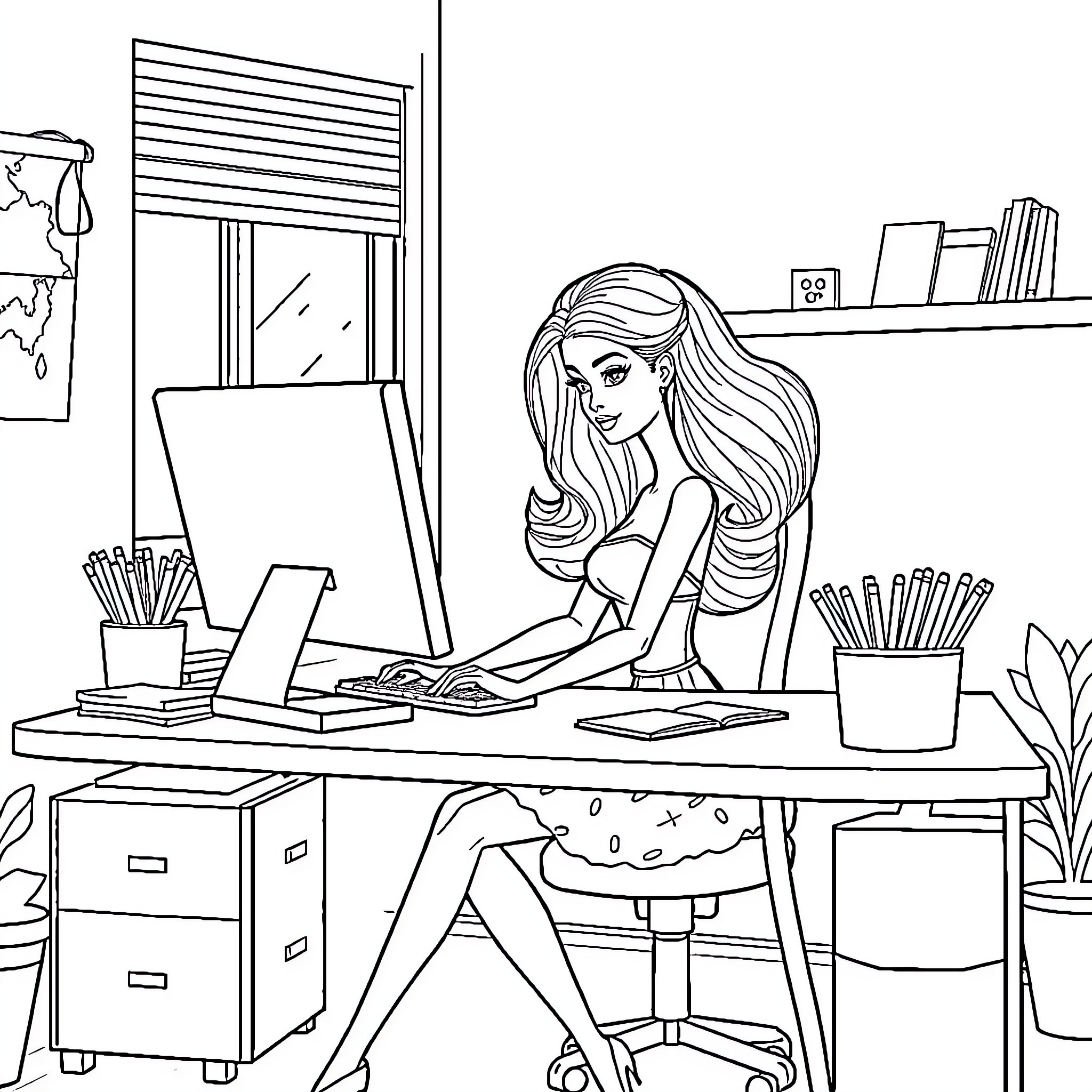 Barbie working diligently at her office desk Coloring Page (free black-and-white line drawing printable PDF for all, from beginners to advanced learners, including children, teens, adults, and seniors)