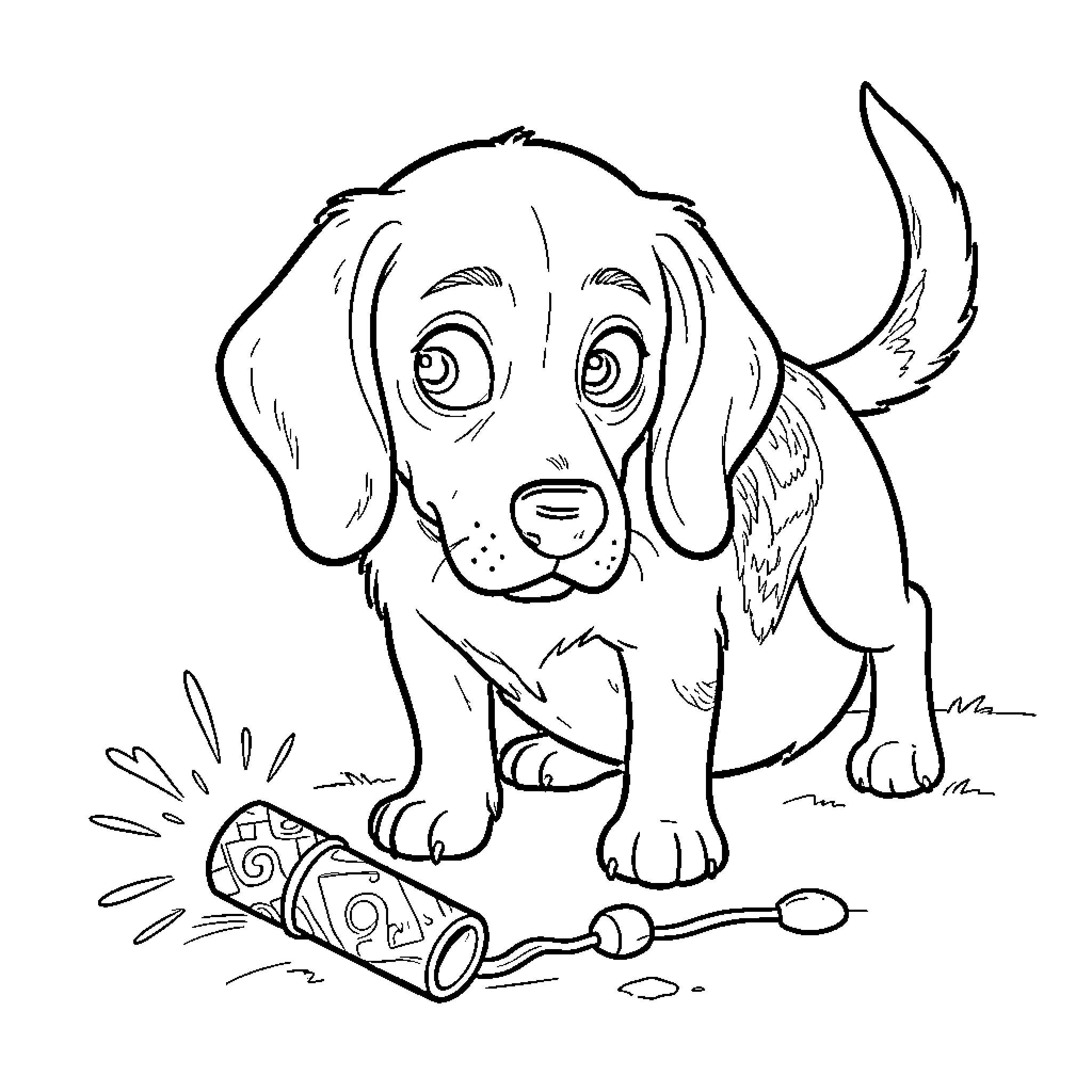 Beagle puppy playing with chew toy Coloring Page (free black-and-white line drawing printable PDF for all, from beginners to advanced learners, including children, teens, adults, and seniors)
