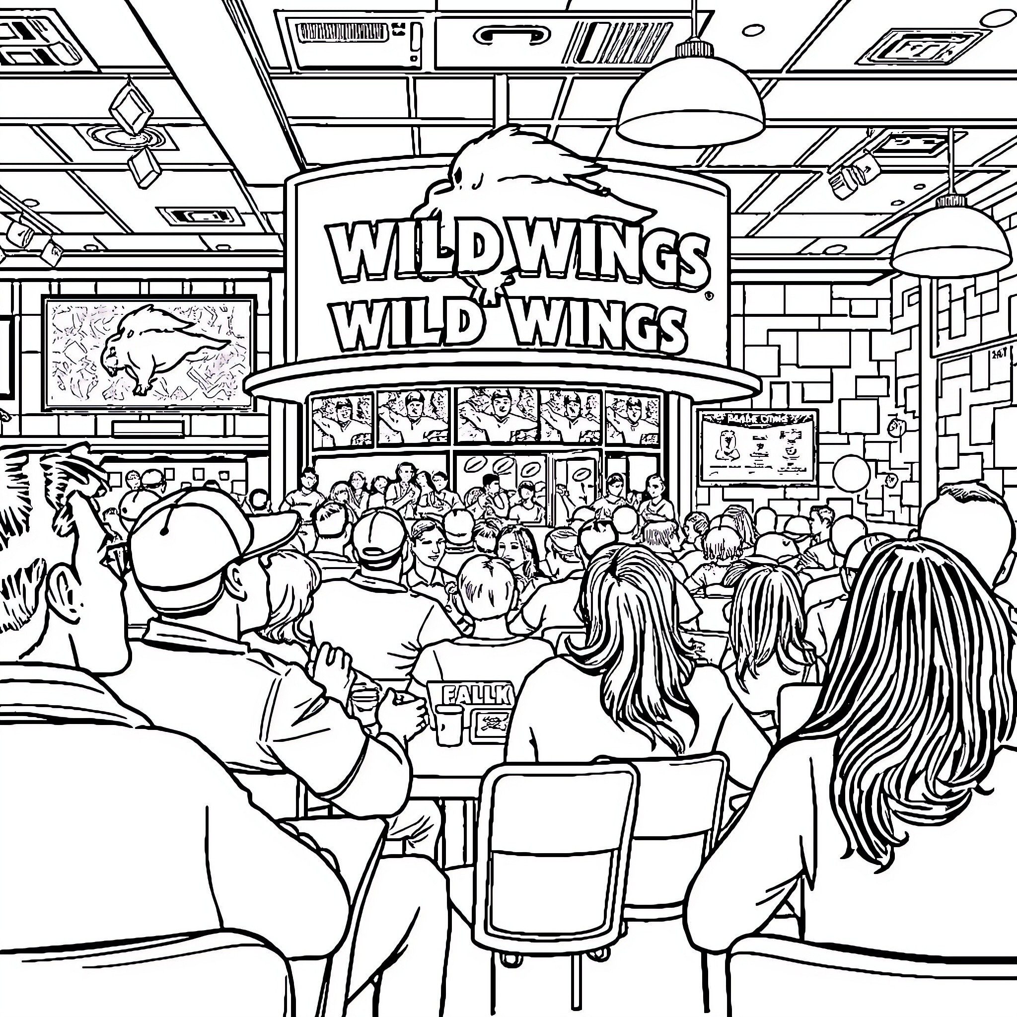 Buffalo Crowding into a Wild Wings Restaurant Coloring Page (free black-and-white line drawing printable PDF for all, from beginners to advanced learners, including children, teens, adults, and seniors)
