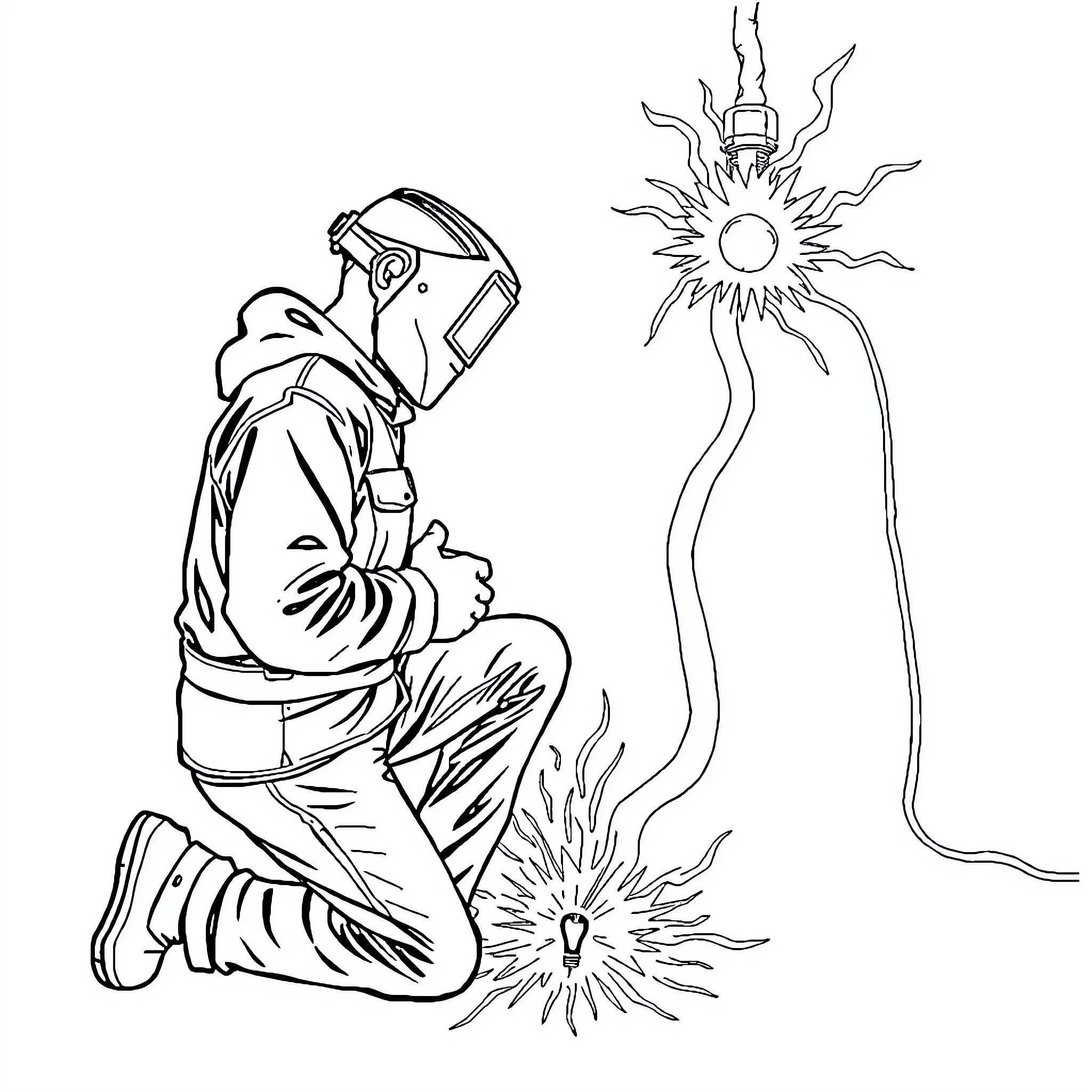 Welder focused on intricate welding task Coloring Page (free black-and-white line drawing printable PDF for all, from beginners to advanced learners, including children, teens, adults, and seniors)