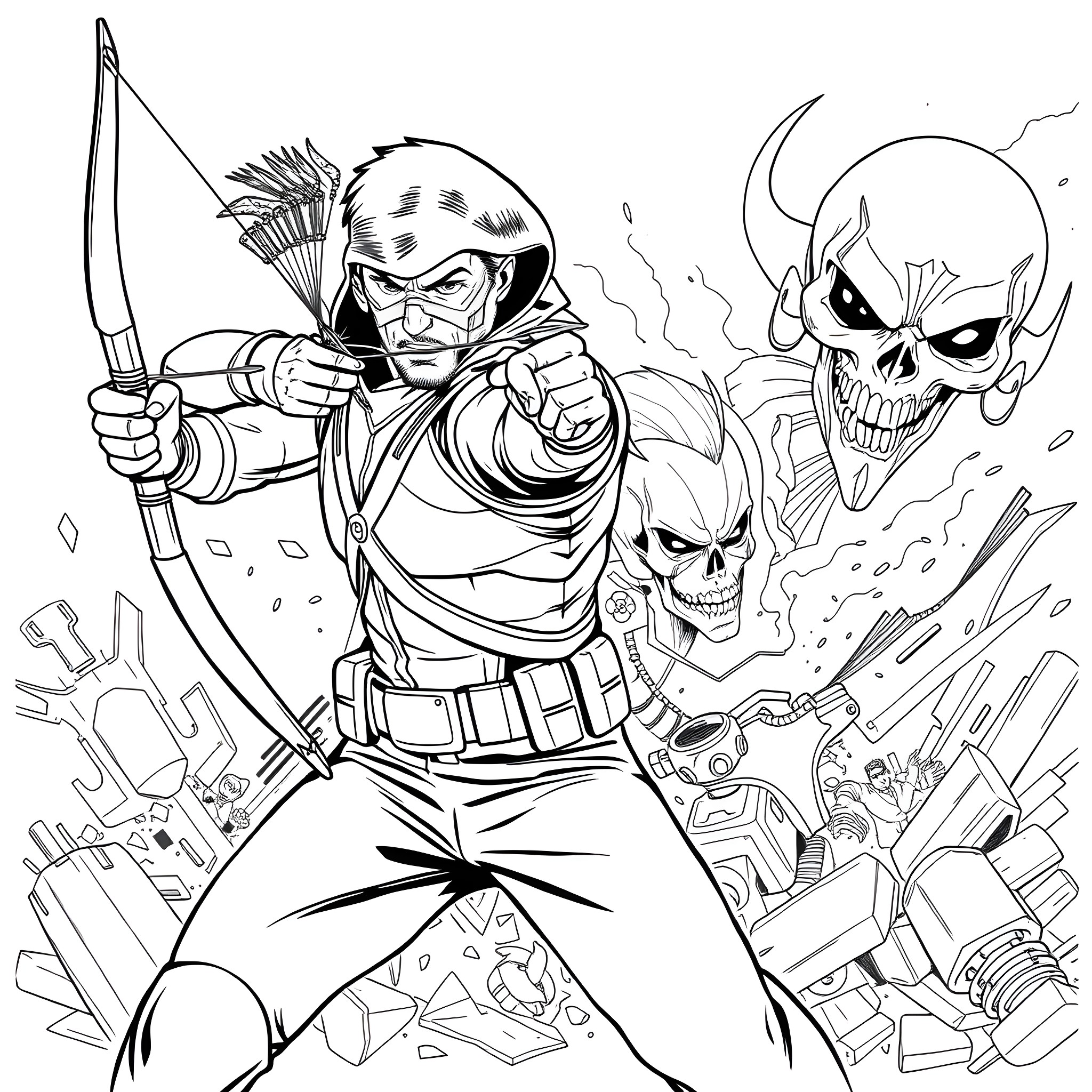 Hawkeye facing off against menacing skull-faced enemies Coloring Page (free black-and-white line drawing printable PDF for all, from beginners to advanced learners, including children, teens, adults, and seniors)