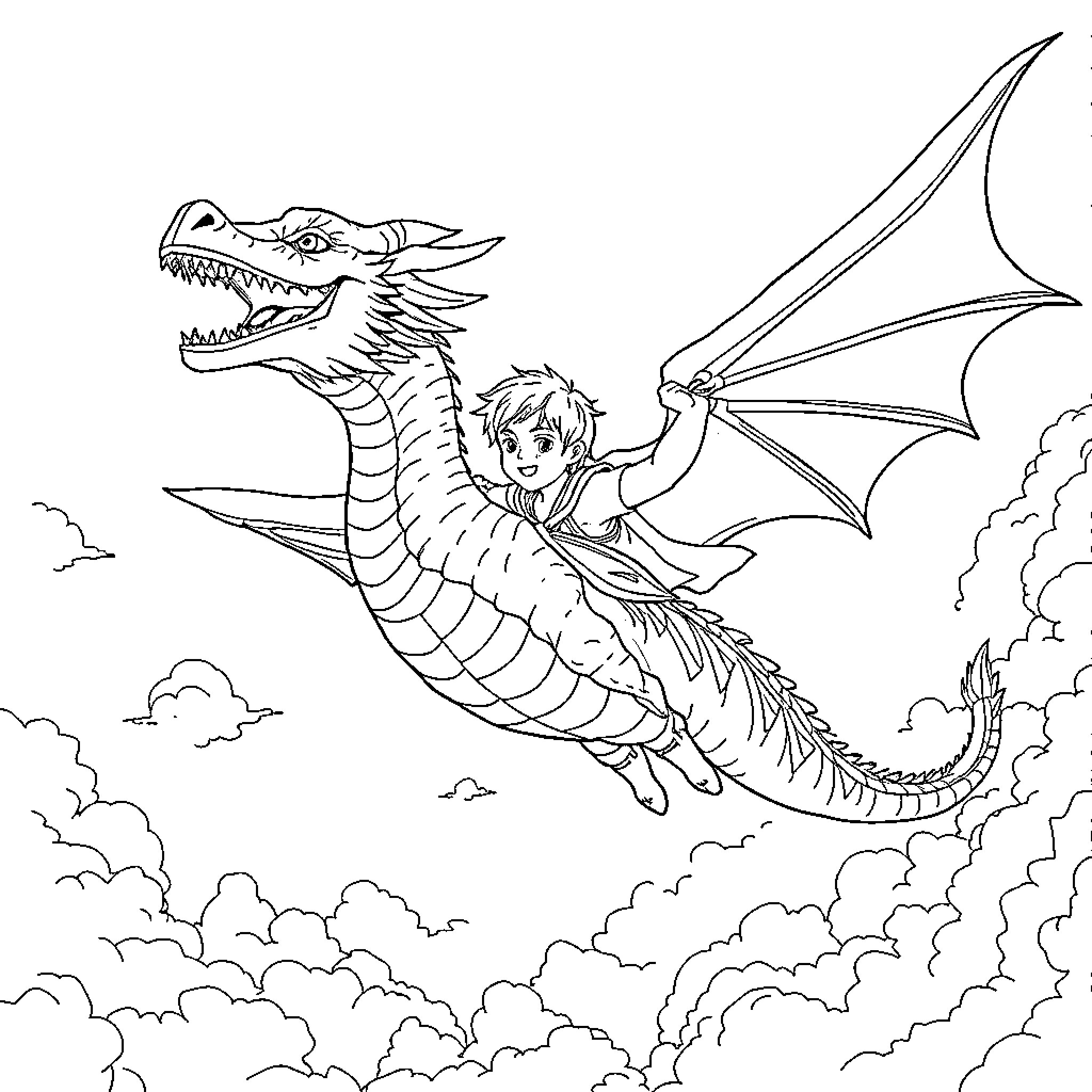Boy riding a fierce dragon through the sky Coloring Page (free black-and-white line drawing printable PDF for all, from beginners to advanced learners, including children, teens, adults, and seniors)