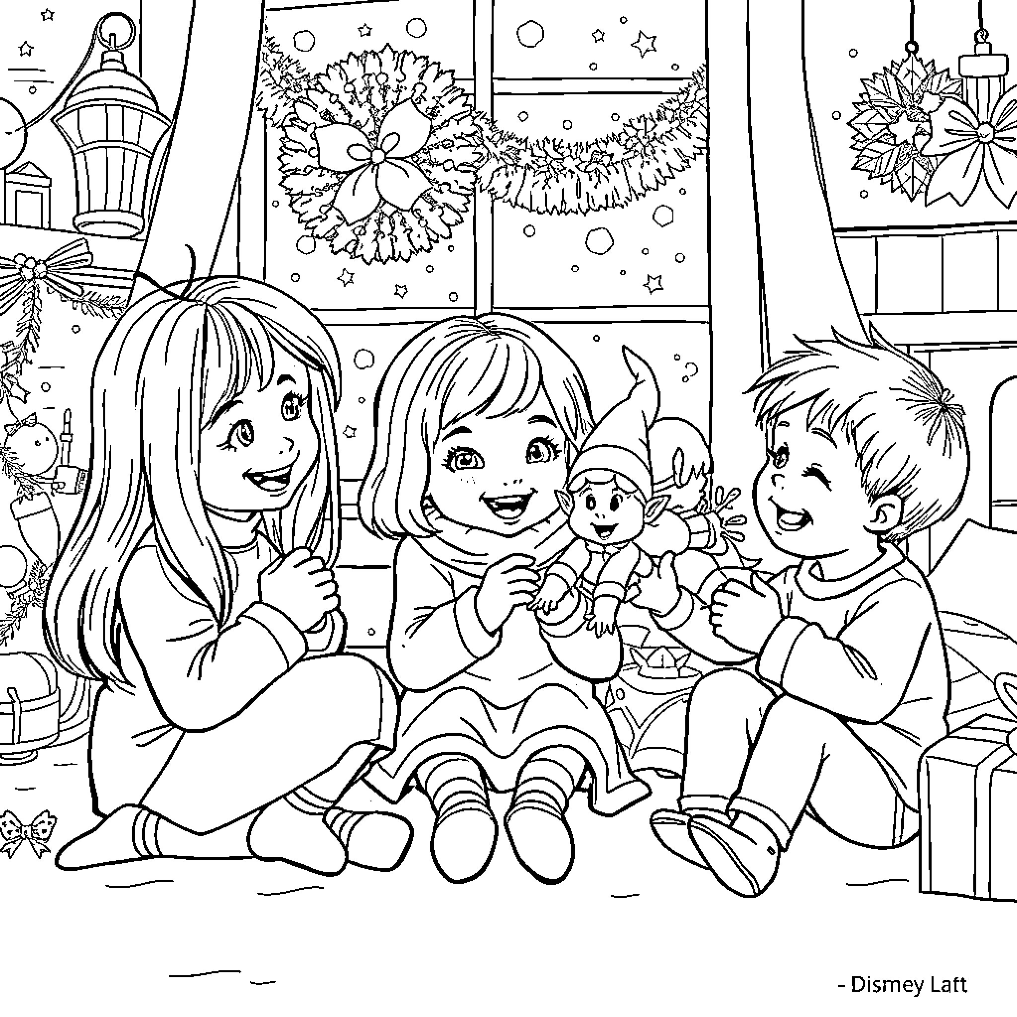 Child friends play together cheerfully in decorated room Coloring Page (free black-and-white line drawing printable PDF for all, from beginners to advanced learners, including children, teens, adults, and seniors)