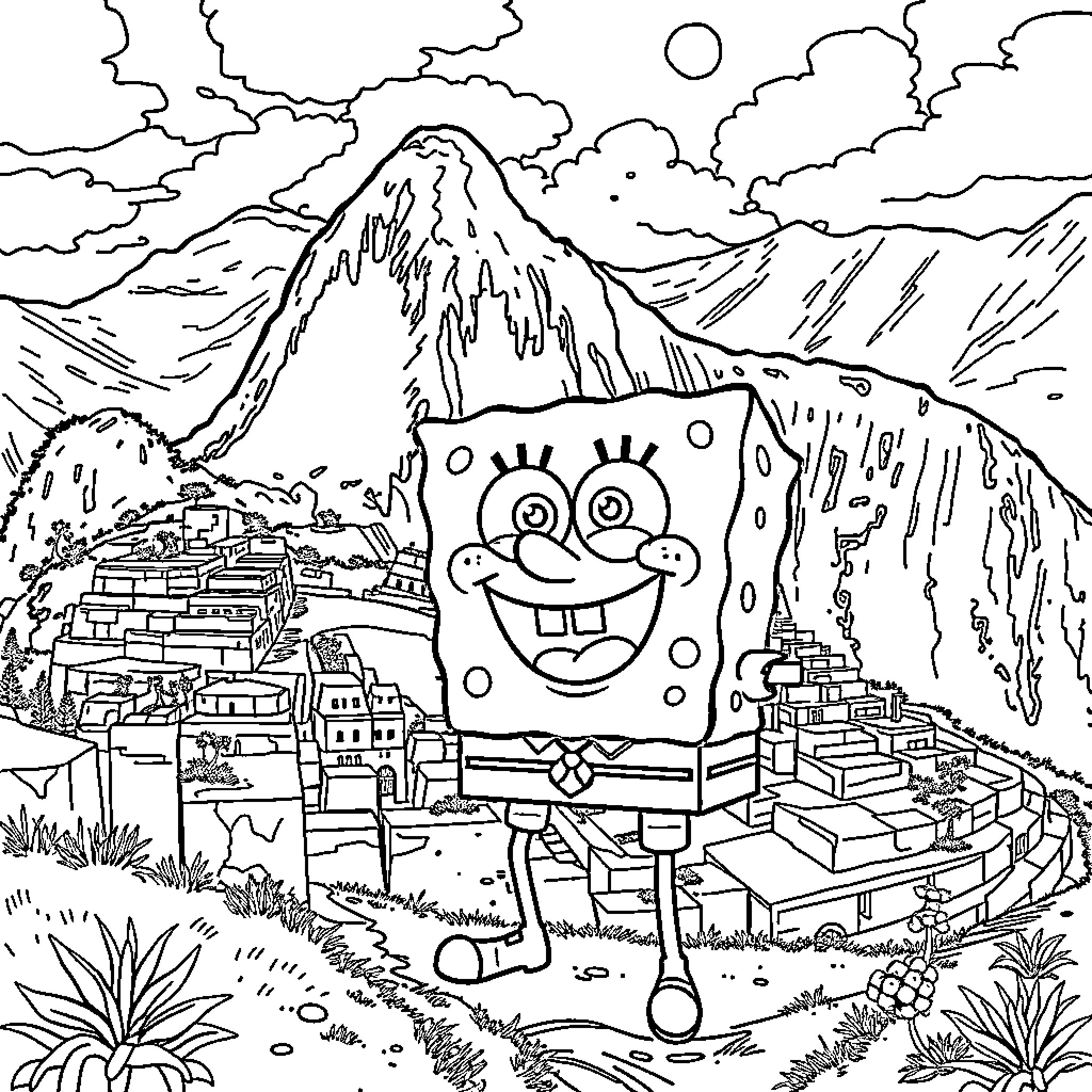 Spongebob's Mountainous Adventure Coloring Page (free black-and-white line drawing printable PDF for all, from beginners to advanced learners, including children, teens, adults, and seniors)