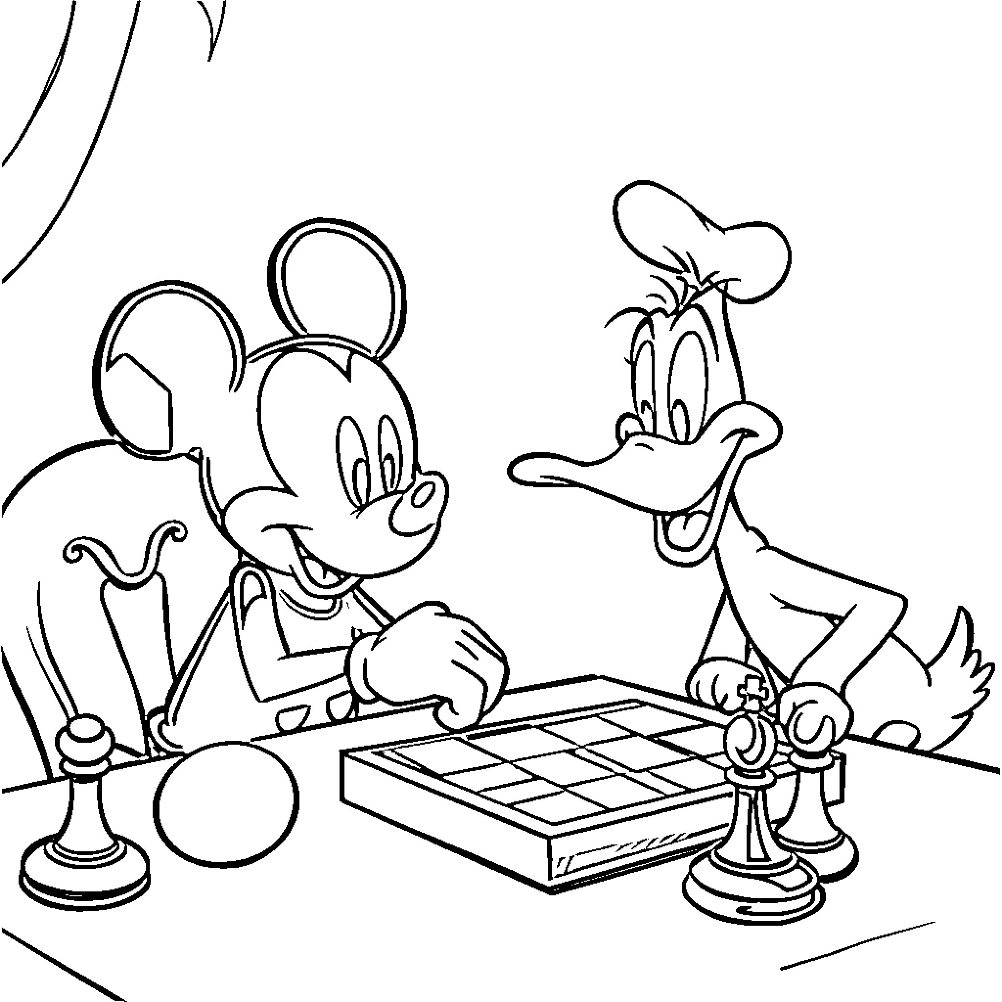 Mickey Mouse and Goofy playing a game together Coloring Page (free black-and-white line drawing printable PDF for all, from beginners to advanced learners, including children, teens, adults, and seniors)