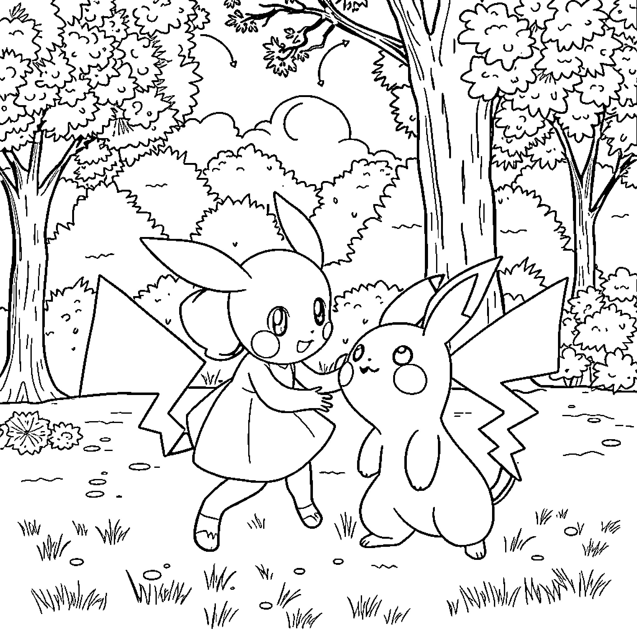 Evie's Pokémon Adventure in the Forest Coloring Page (free black-and-white line drawing printable PDF for all, from beginners to advanced learners, including children, teens, adults, and seniors)