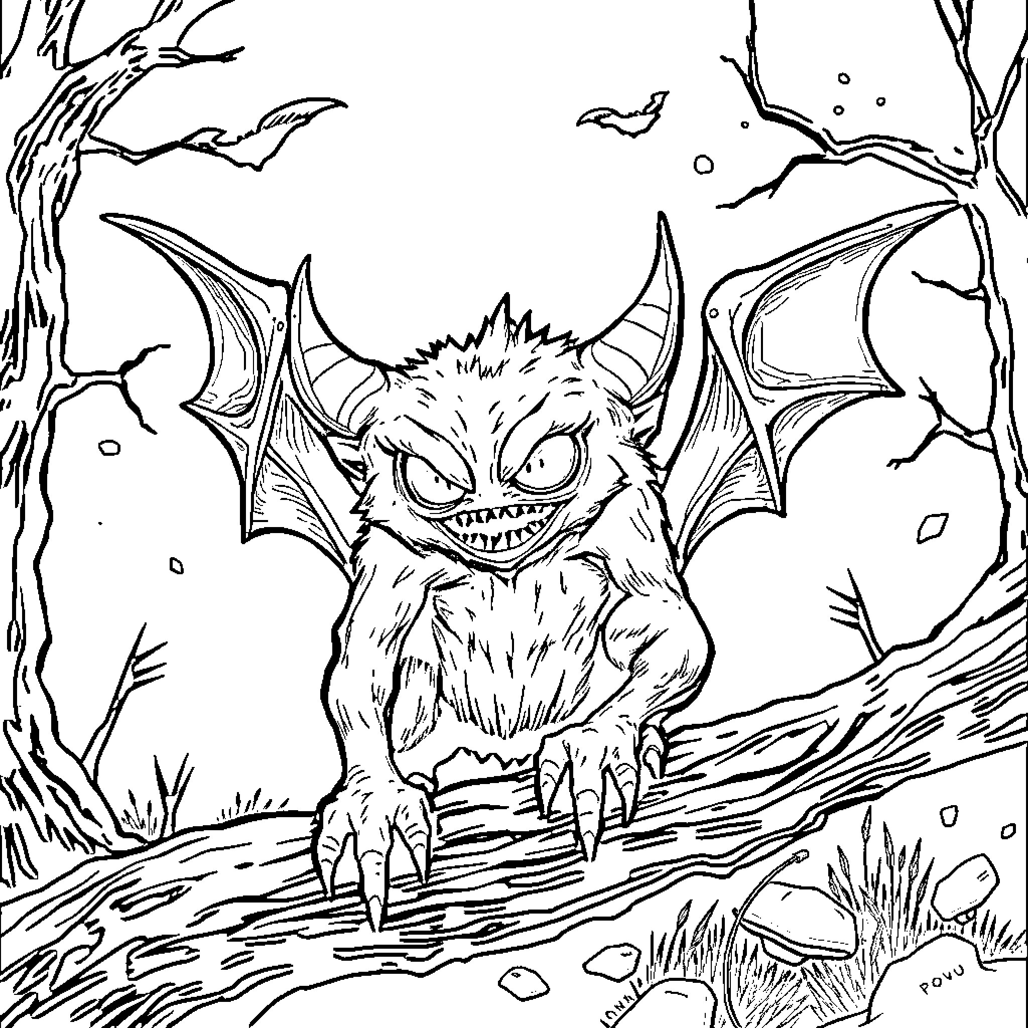 Bat creature lurking in the haunted forest Coloring Page (free black-and-white line drawing printable PDF for all, from beginners to advanced learners, including children, teens, adults, and seniors)