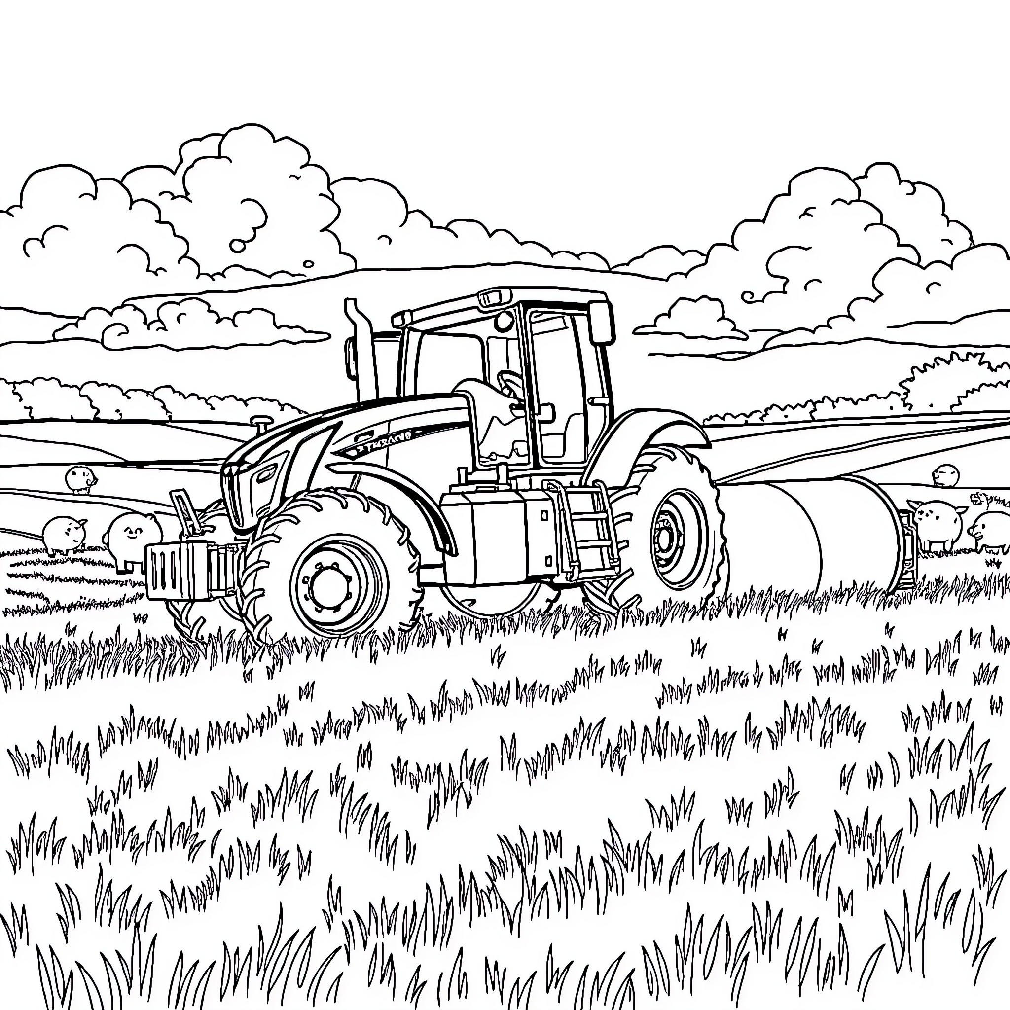 Tractor plowing the field in rural landscape Coloring Page (free black-and-white line drawing printable PDF for all, from beginners to advanced learners, including children, teens, adults, and seniors)