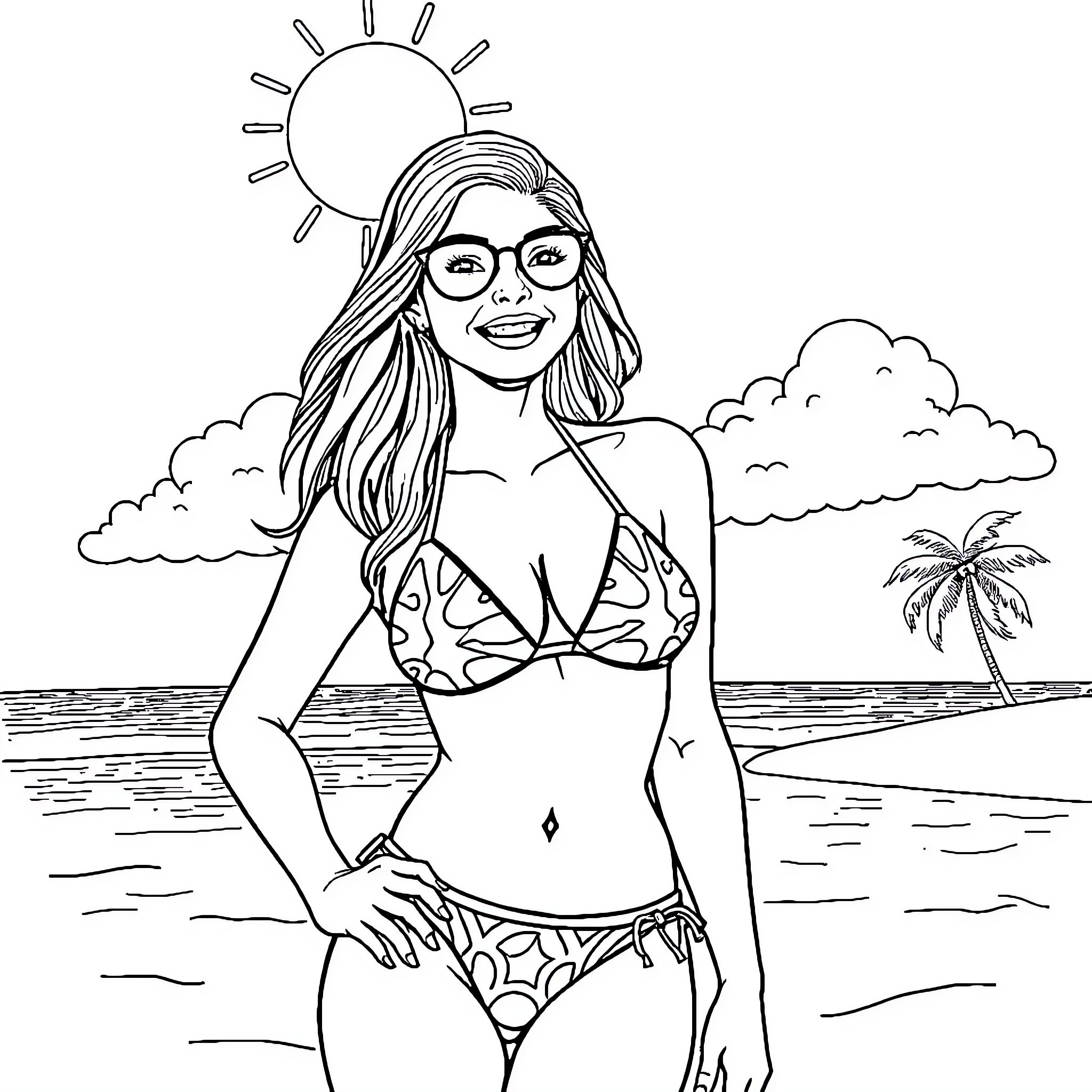 Alisa posing confidently on the beach Coloring Page (free black-and-white line drawing printable PDF for all, from beginners to advanced learners, including children, teens, adults, and seniors)