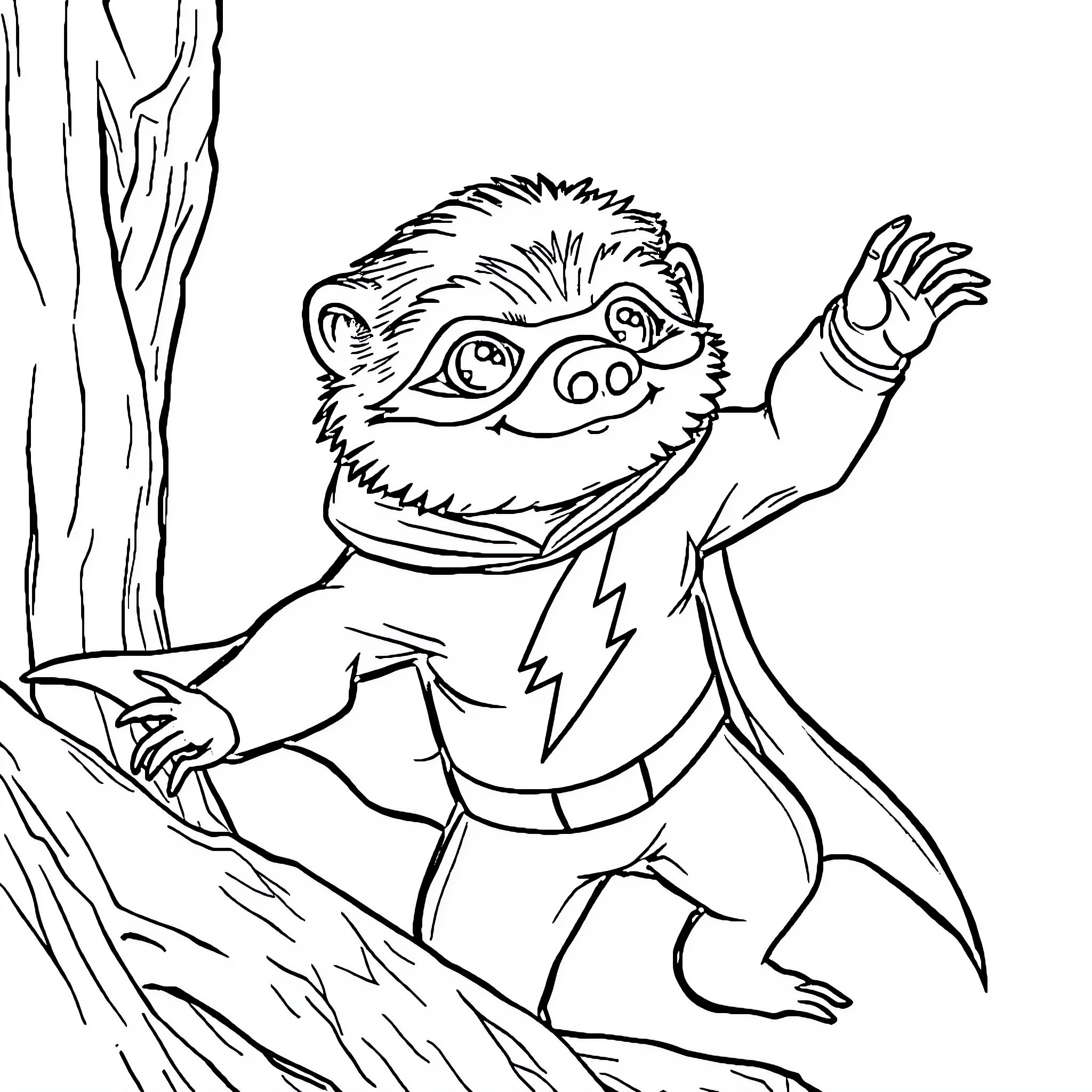 Sloth superhero swinging from tree branch Coloring Page (free black-and-white line drawing printable PDF for all, from beginners to advanced learners, including children, teens, adults, and seniors)