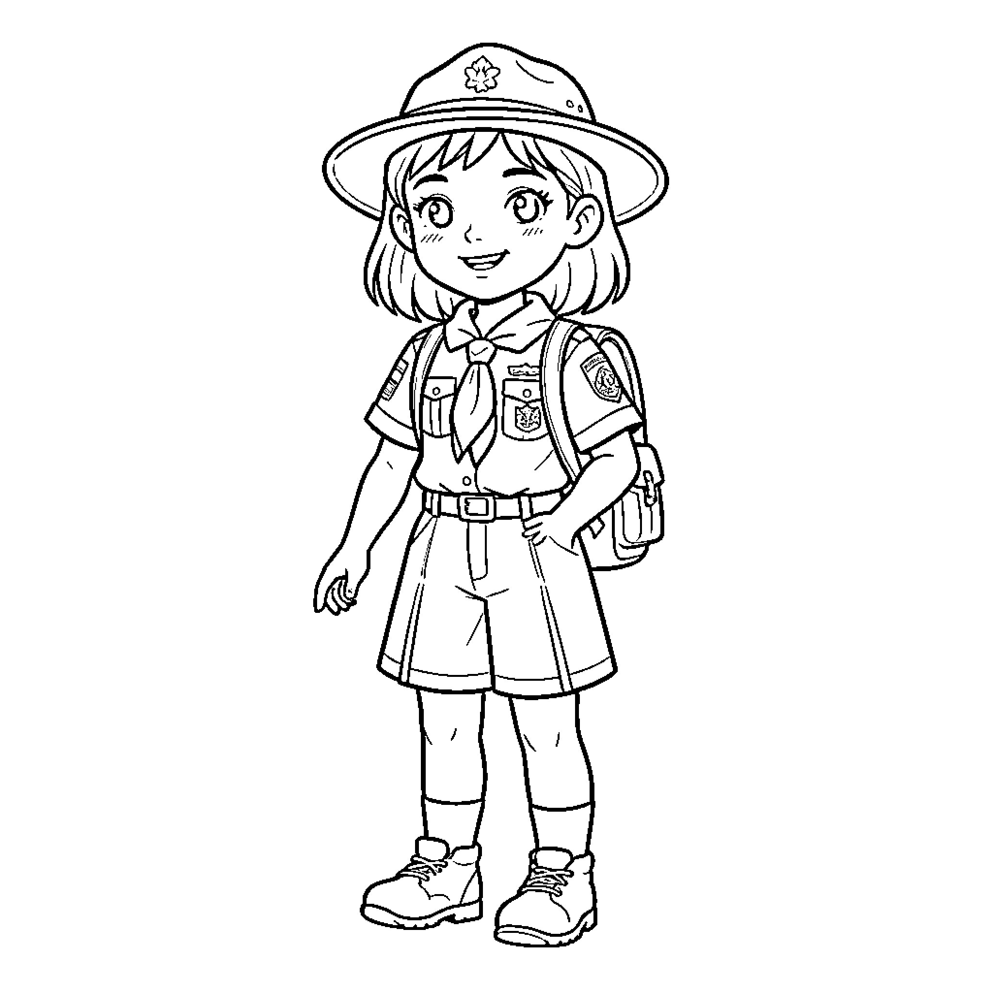 Scout Girl in Uniform Outdoors Coloring Page (free black-and-white line drawing printable PDF for all, from beginners to advanced learners, including children, teens, adults, and seniors)