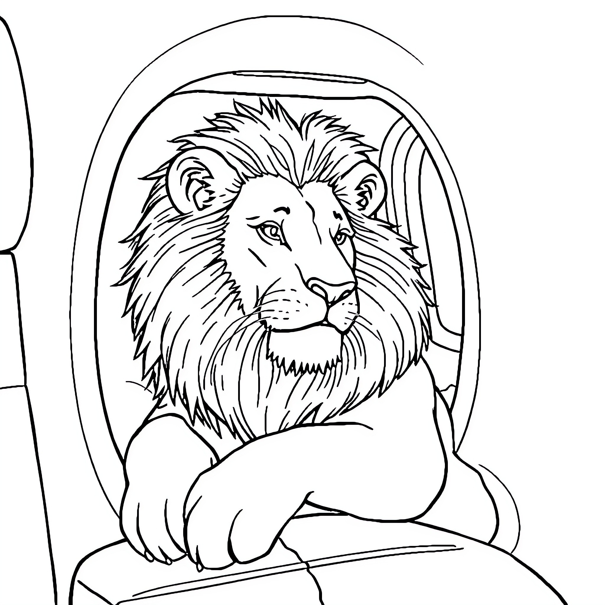Lion in thoughtful contemplation Coloring Page (free black-and-white line drawing printable PDF for all, from beginners to advanced learners, including children, teens, adults, and seniors)