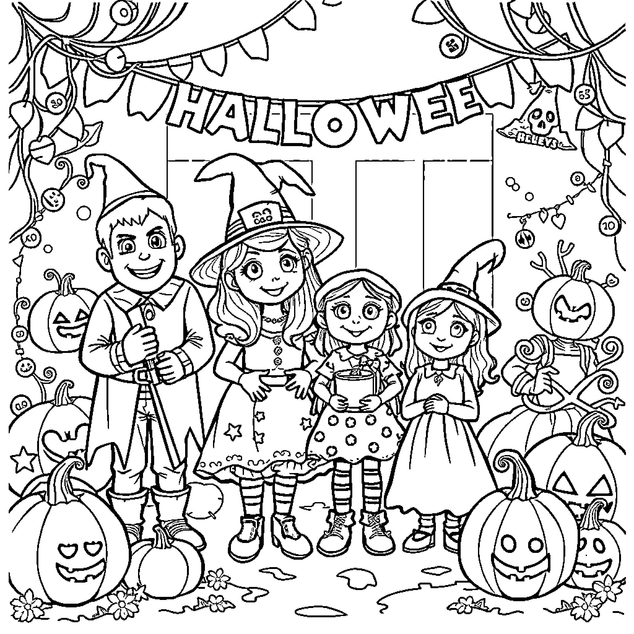 Bluey's Halloween Celebration with Friends Coloring Page (free black-and-white line drawing printable PDF for all, from beginners to advanced learners, including children, teens, adults, and seniors)