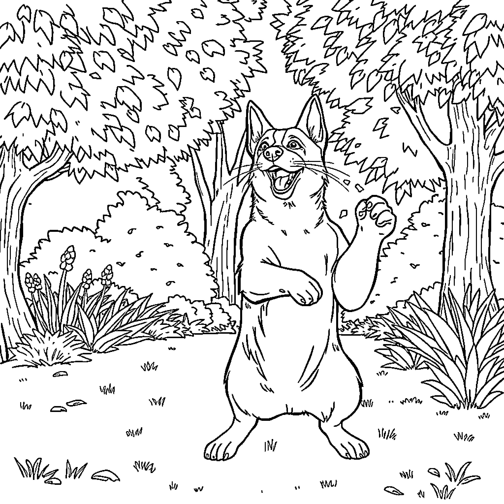 Dog playing joyfully in the forest Coloring Page (free black-and-white line drawing printable PDF for all, from beginners to advanced learners, including children, teens, adults, and seniors)