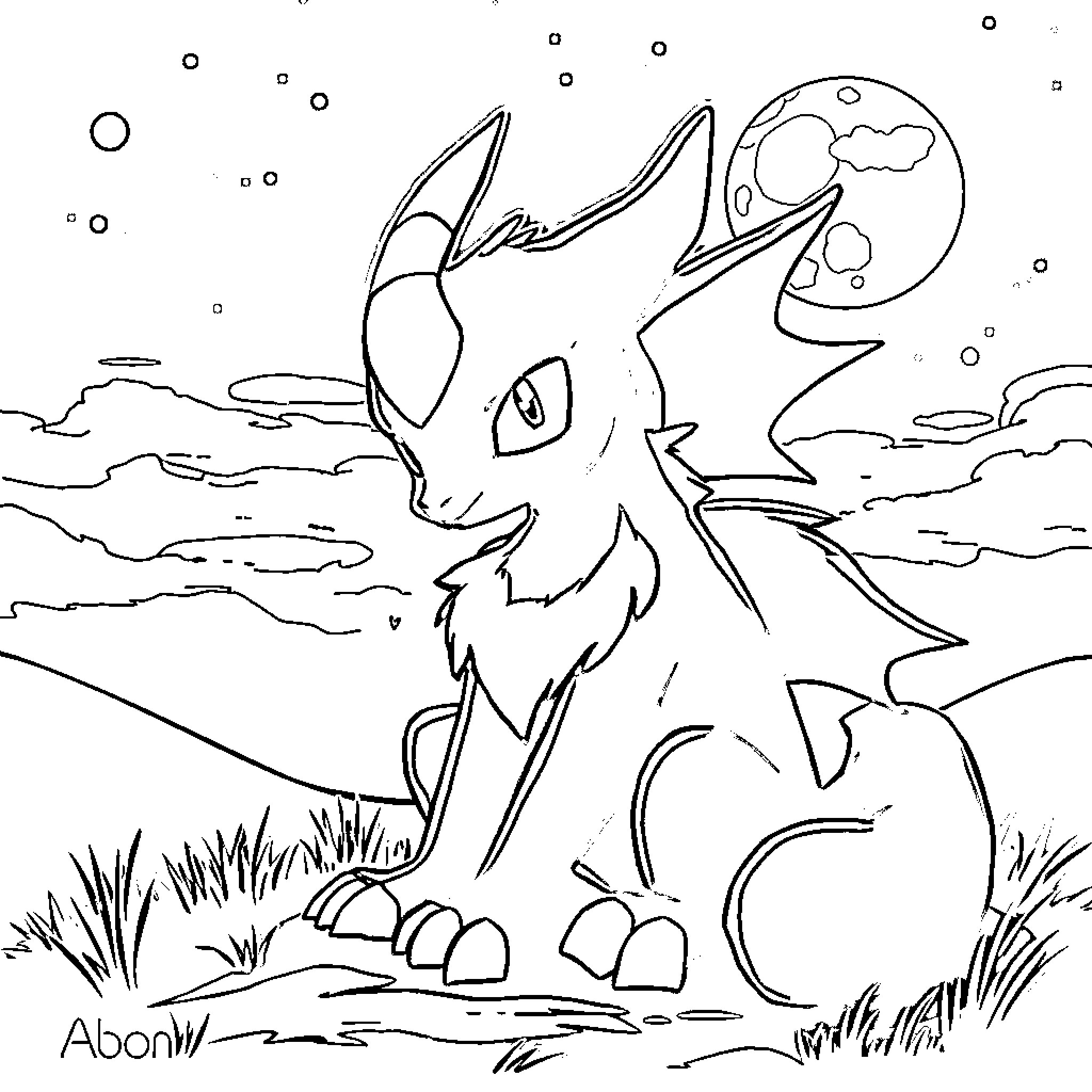 Absol howling at the moon in the night sky Coloring Page (free black-and-white line drawing printable PDF for all, from beginners to advanced learners, including children, teens, adults, and seniors)