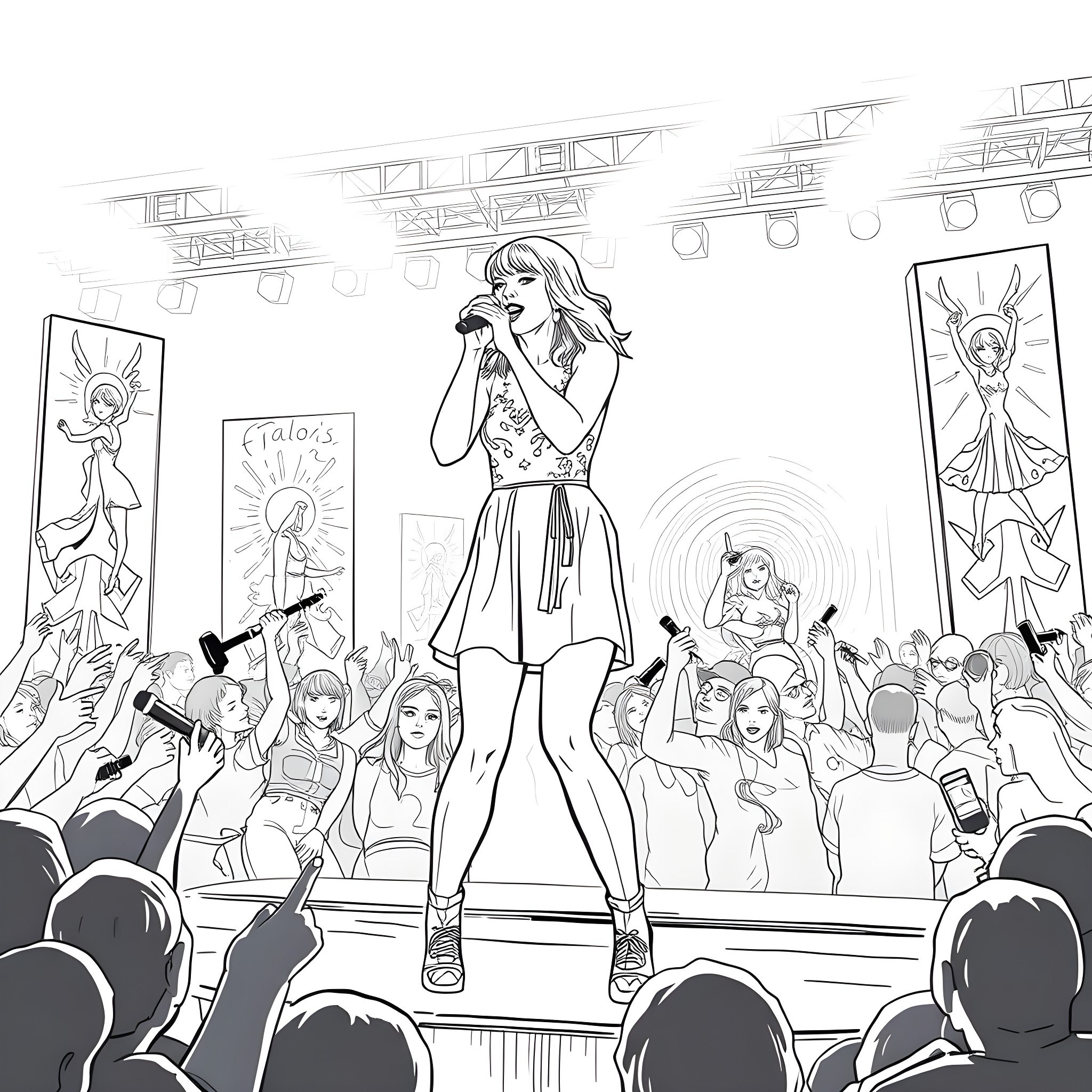 Taylor Swift performing on stage with her band Coloring Page (free black-and-white line drawing printable PDF for all, from beginners to advanced learners, including children, teens, adults, and seniors)
