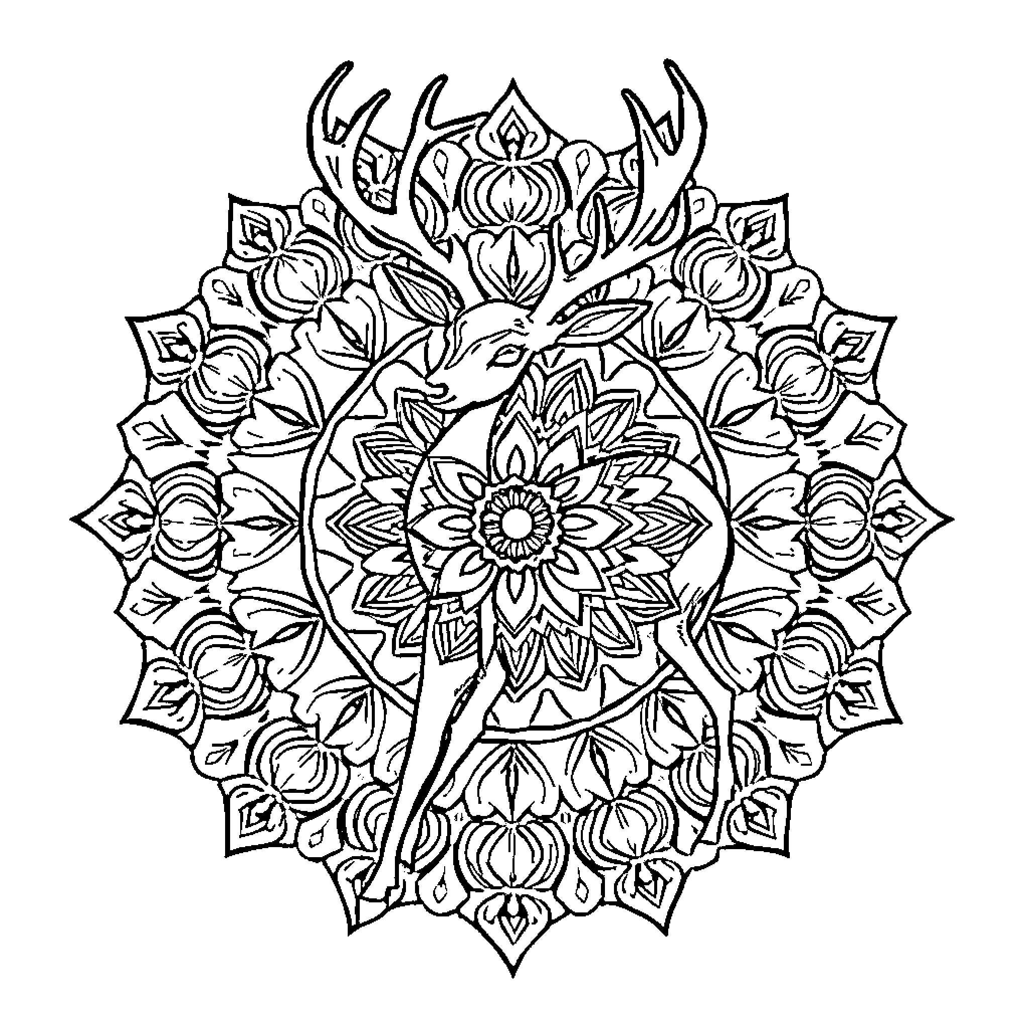 Deer Mandala Artwork with Floral Design Coloring Page (free black-and-white line drawing printable PDF for all, from beginners to advanced learners, including children, teens, adults, and seniors)