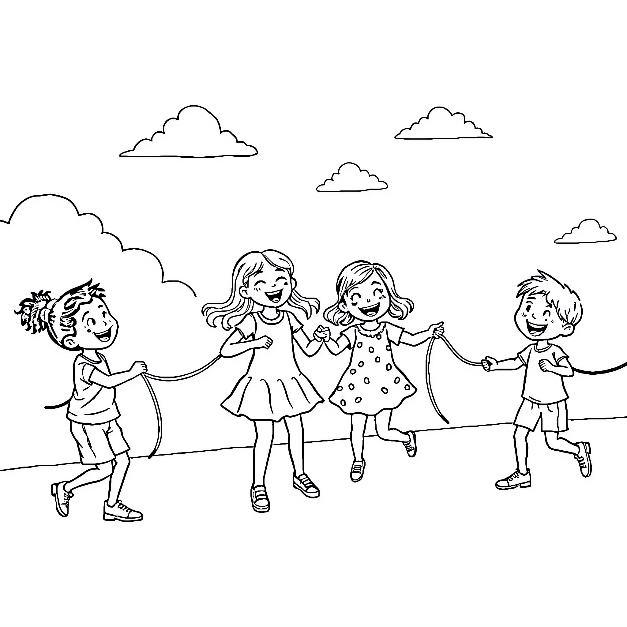 Squid friends playing together happily outdoors Coloring Page (free black-and-white line drawing printable PDF for all, from beginners to advanced learners, including children, teens, adults, and seniors)