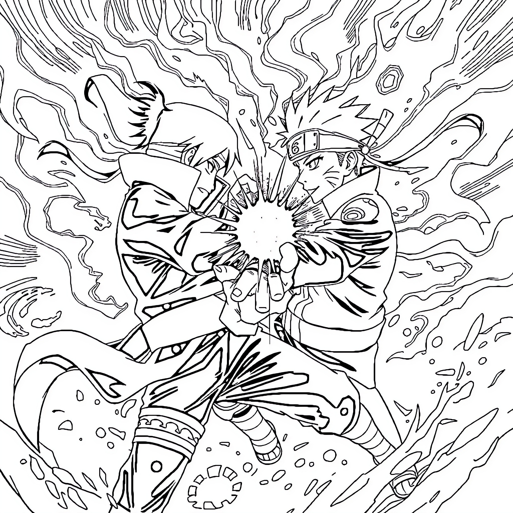 Itachi's Powerful Ninjutsu Unleashed Coloring Page (free black-and-white line drawing printable PDF for all, from beginners to advanced learners, including children, teens, adults, and seniors)