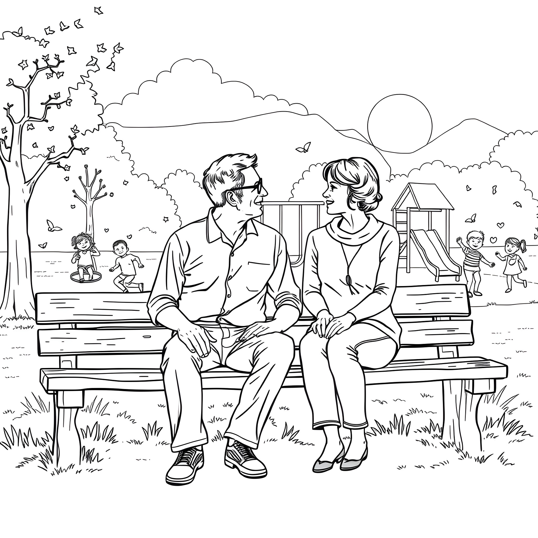 Man and Woman Sitting on Bench in Park Coloring Page (free black-and-white line drawing printable PDF for all, from beginners to advanced learners, including children, teens, adults, and seniors)