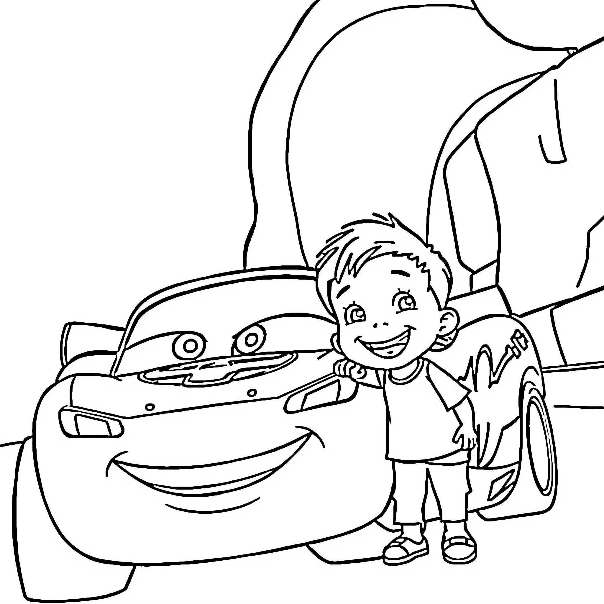 Lightning McQueen and cheerful boy in cartoon setting Coloring Page (free black-and-white line drawing printable PDF for all, from beginners to advanced learners, including children, teens, adults, and seniors)