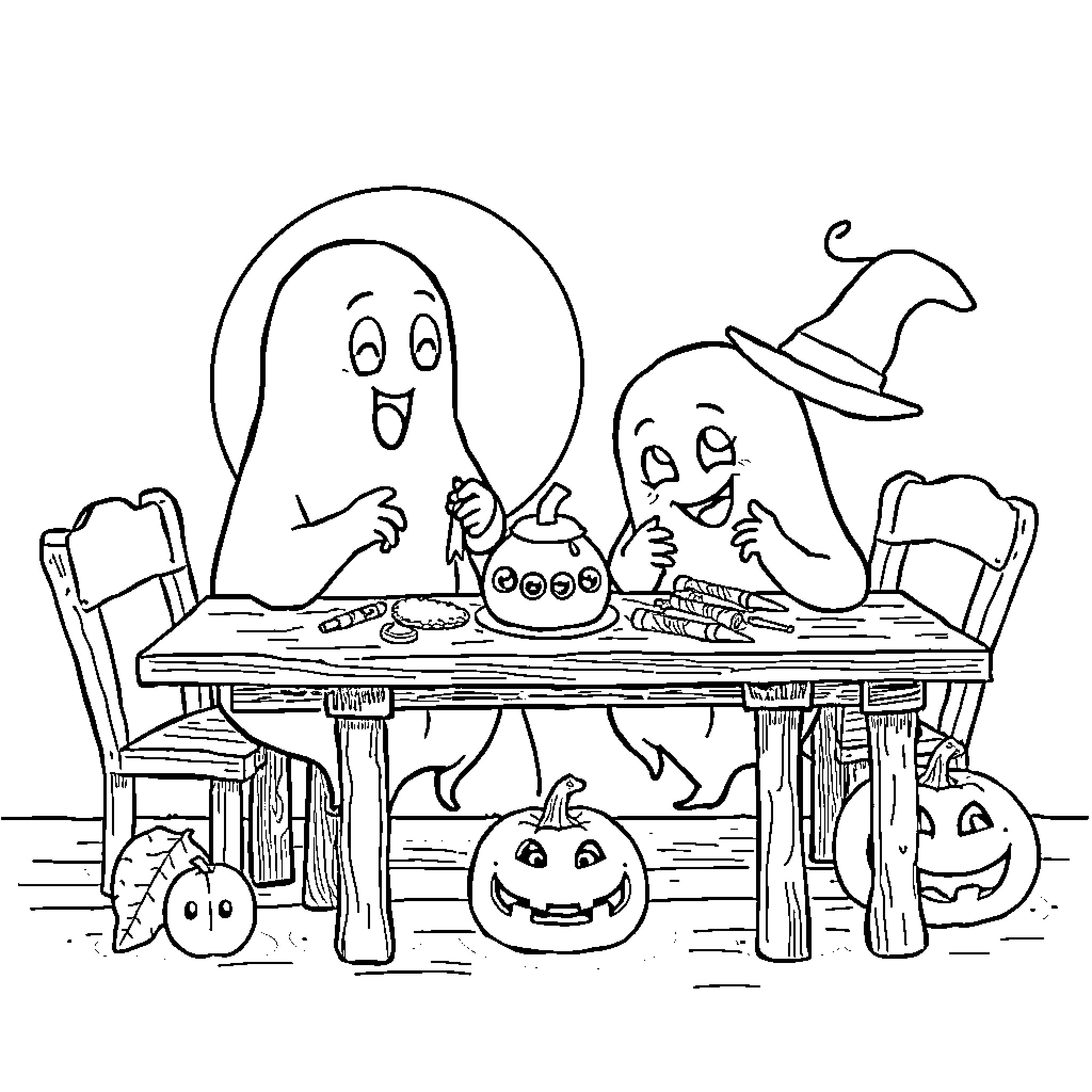 Ghost friends celebrate Halloween with delightful treats Coloring Page (free black-and-white line drawing printable PDF for all, from beginners to advanced learners, including children, teens, adults, and seniors)