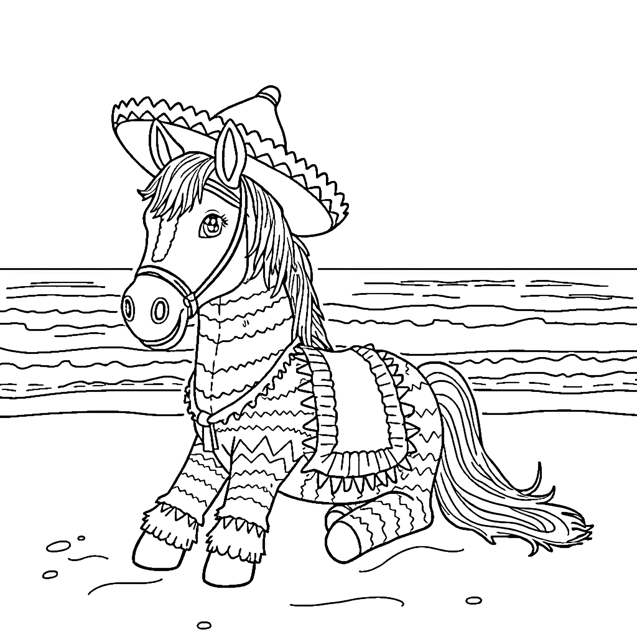 Pinata horse playing in the waves Coloring Page (free black-and-white line drawing printable PDF for all, from beginners to advanced learners, including children, teens, adults, and seniors)
