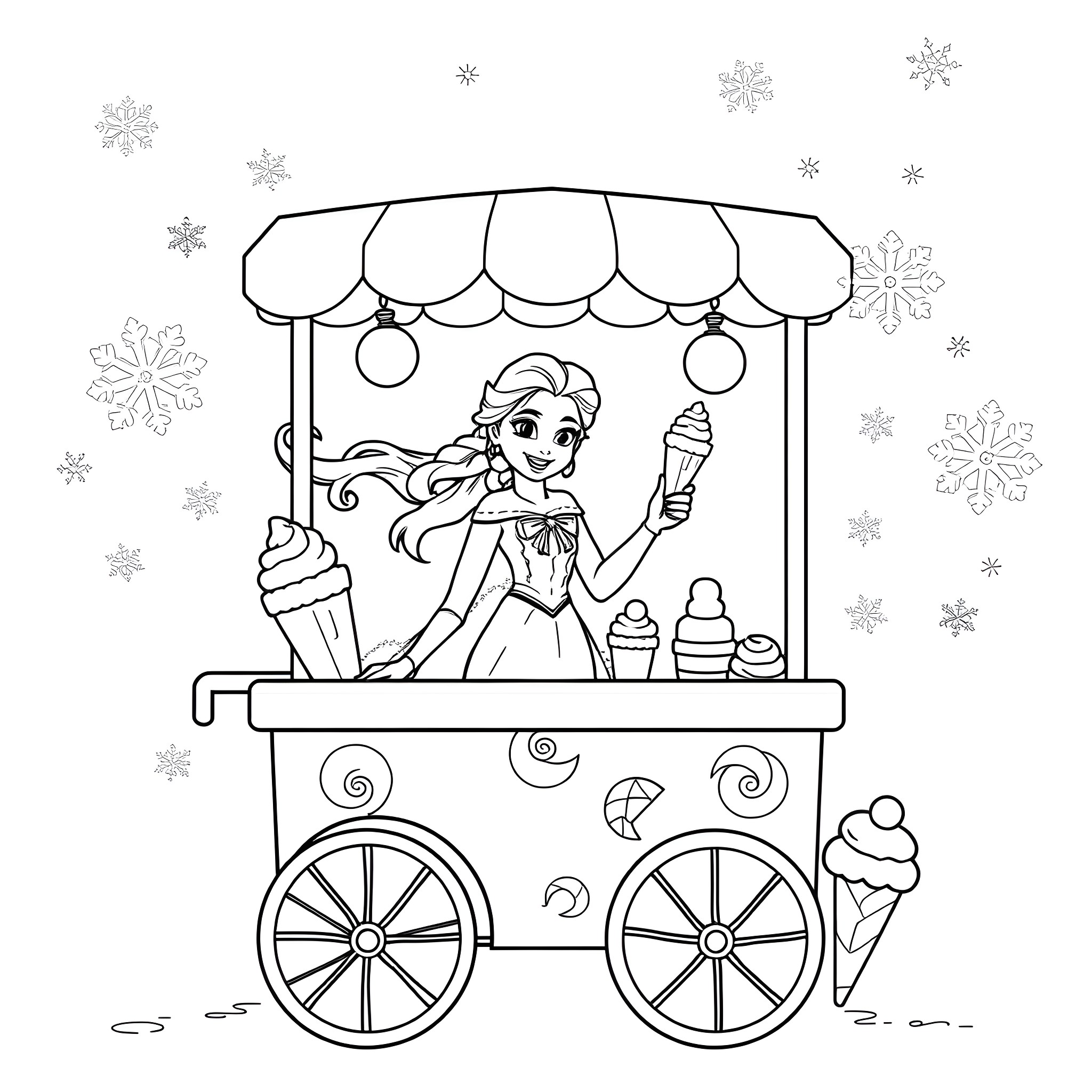 Elsa's Enchanting Ice Cream Cart Coloring Page (free black-and-white line drawing printable PDF for all, from beginners to advanced learners, including children, teens, adults, and seniors)