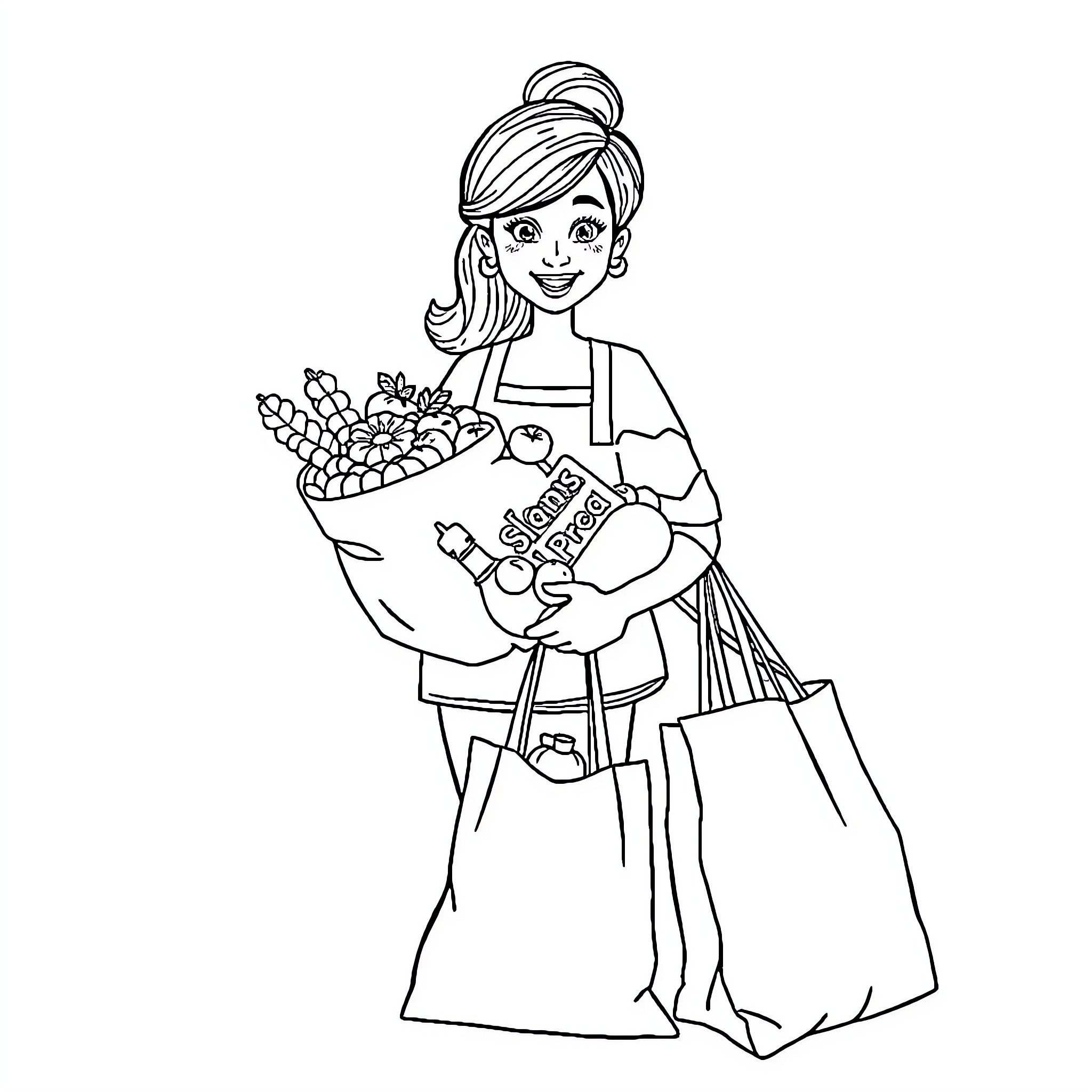 Bobbie Goods Carrying Shopping Bags and Produce Coloring Page (free black-and-white line drawing printable PDF for all, from beginners to advanced learners, including children, teens, adults, and seniors)