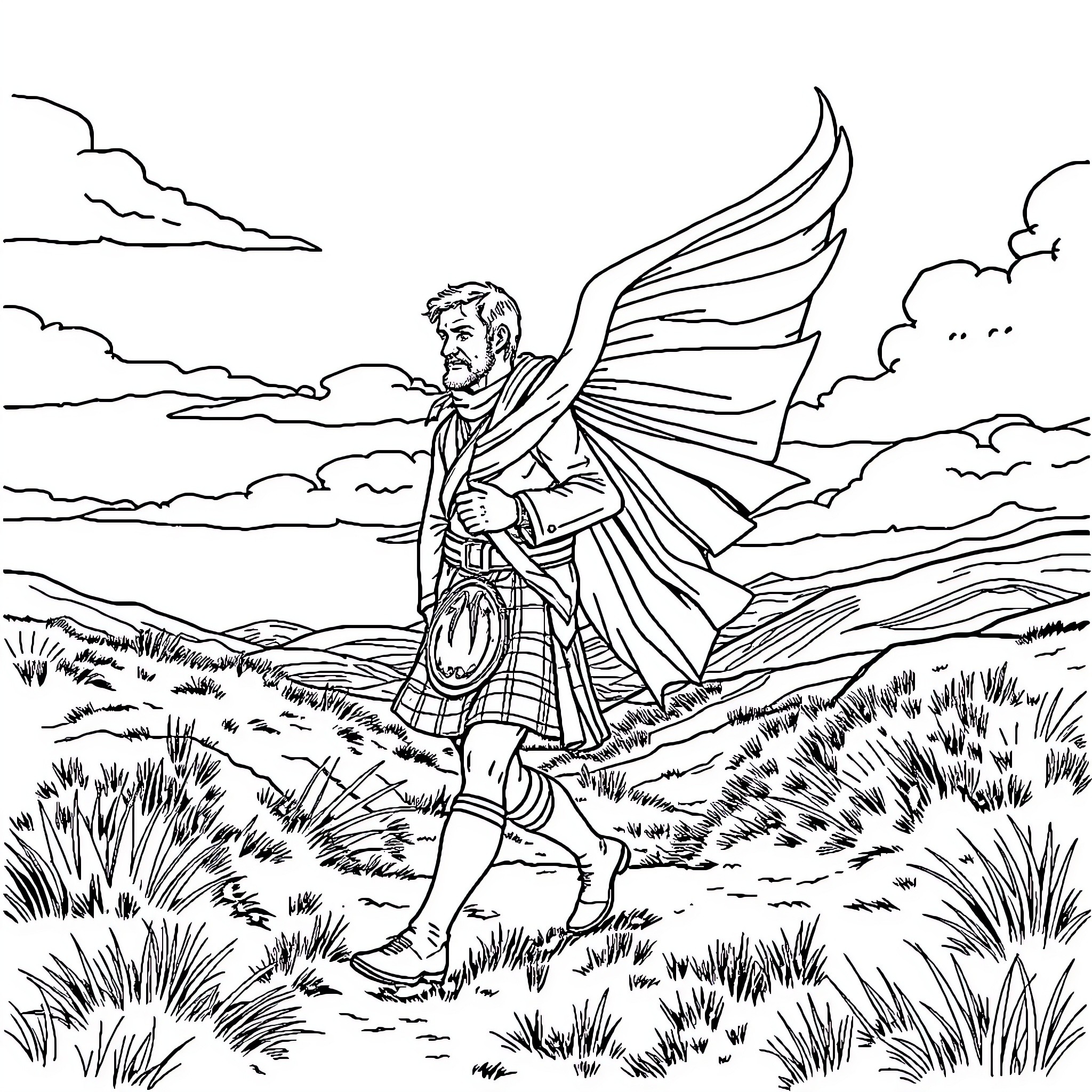 Irishman with winged boots exploring rugged landscape Coloring Page (free black-and-white line drawing printable PDF for all, from beginners to advanced learners, including children, teens, adults, and seniors)
