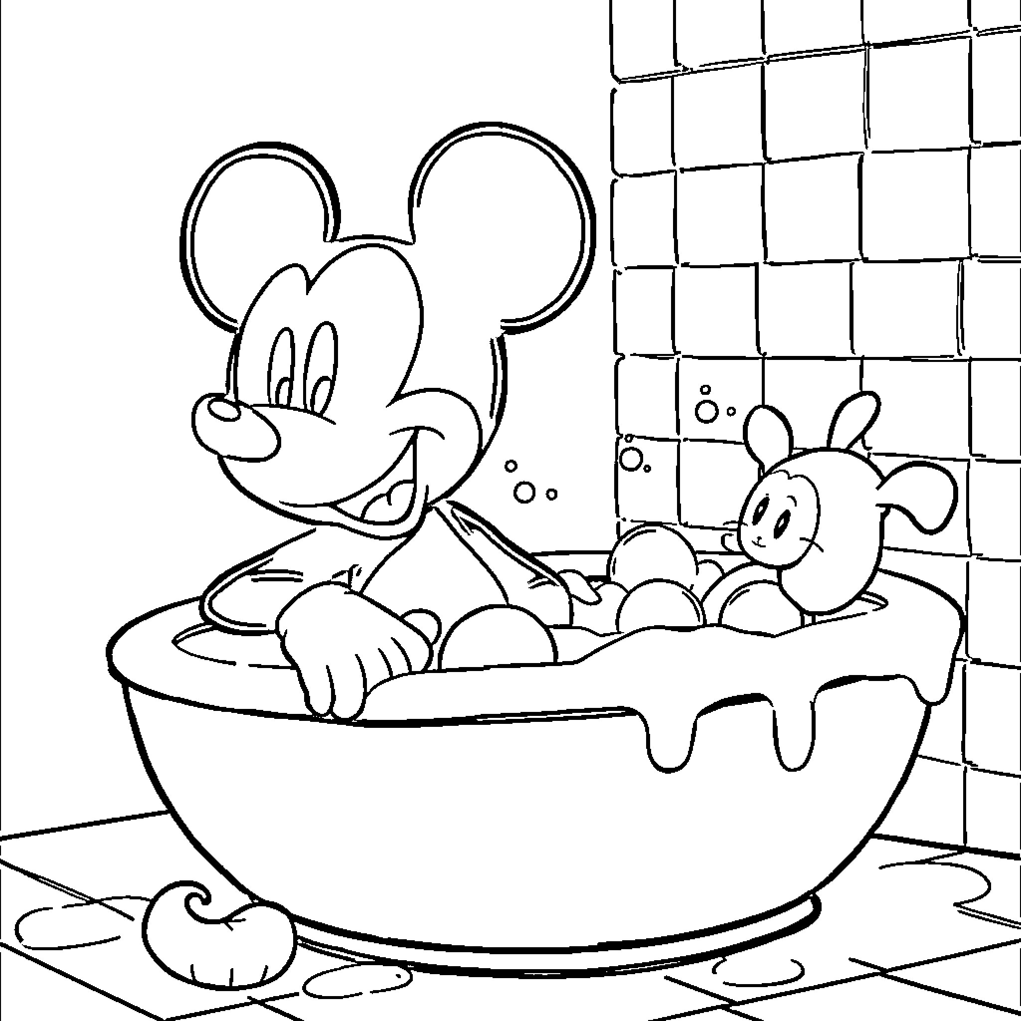 Mickey and Friend Bathing in Bubbles Coloring Page (free black-and-white line drawing printable PDF for all, from beginners to advanced learners, including children, teens, adults, and seniors)