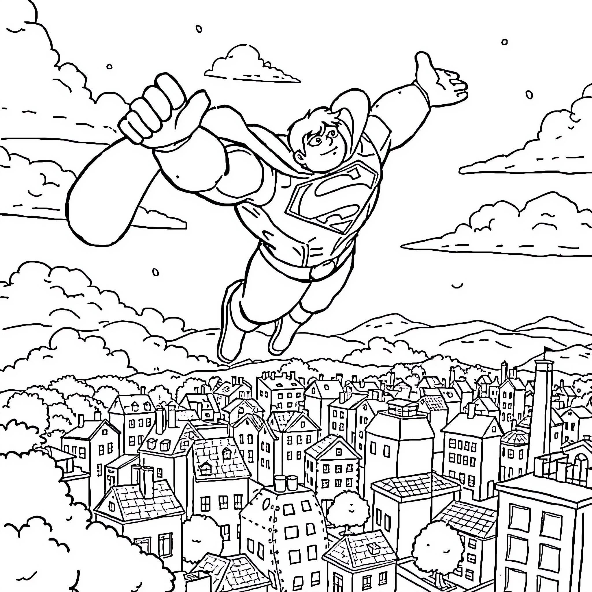 Superman soaring through the skies above the city Coloring Page (free black-and-white line drawing printable PDF for all, from beginners to advanced learners, including children, teens, adults, and seniors)