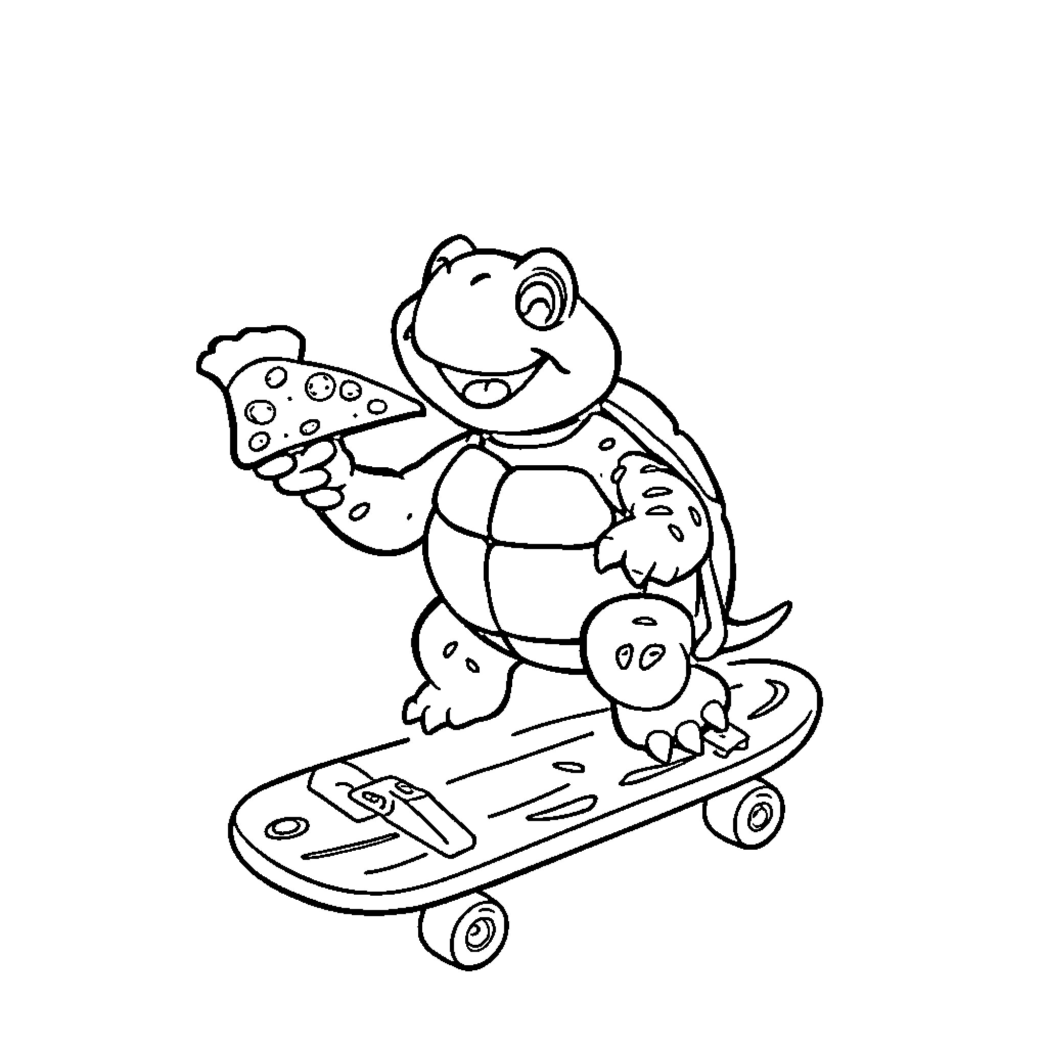 Turtle riding skateboard with pizza slice Coloring Page (free black-and-white line drawing printable PDF for all, from beginners to advanced learners, including children, teens, adults, and seniors)