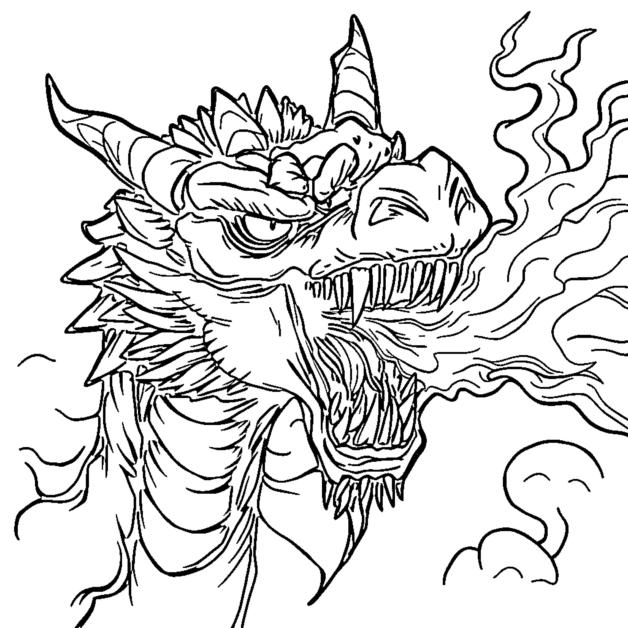 Dragon's Fierce Roar and Dramatic Expression Coloring Page (free black-and-white line drawing printable PDF for all, from beginners to advanced learners, including children, teens, adults, and seniors)