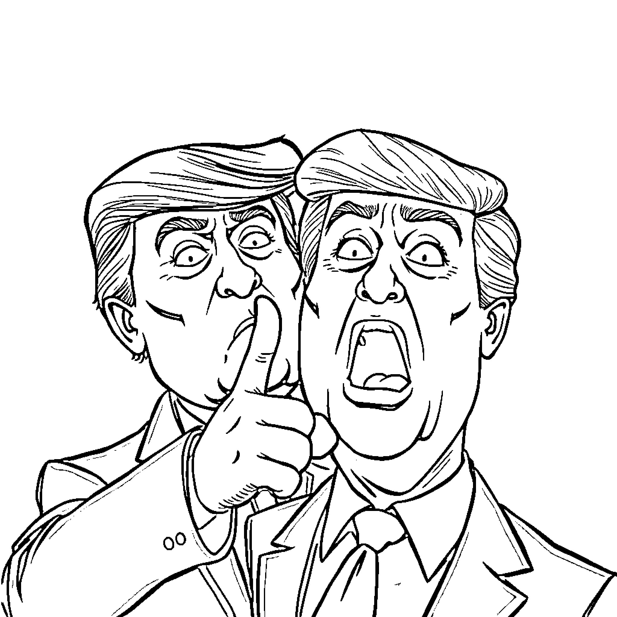 Donald Trump in a Heated Expression Coloring Page (free black-and-white line drawing printable PDF for all, from beginners to advanced learners, including children, teens, adults, and seniors)