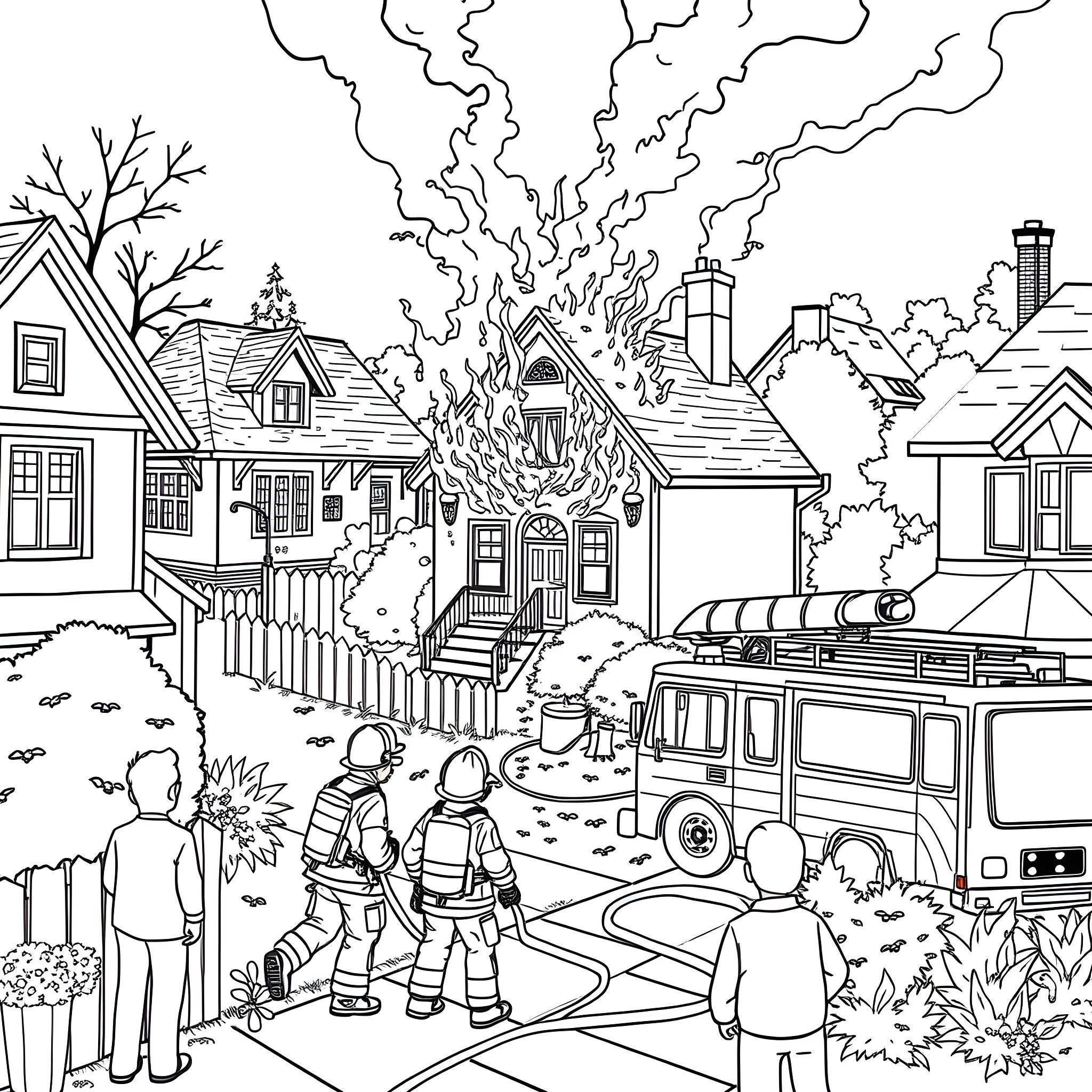 Firefighters Responding to a House Fire in a Neighborhood Coloring Page (free black-and-white line drawing printable PDF for all, from beginners to advanced learners, including children, teens, adults, and seniors)