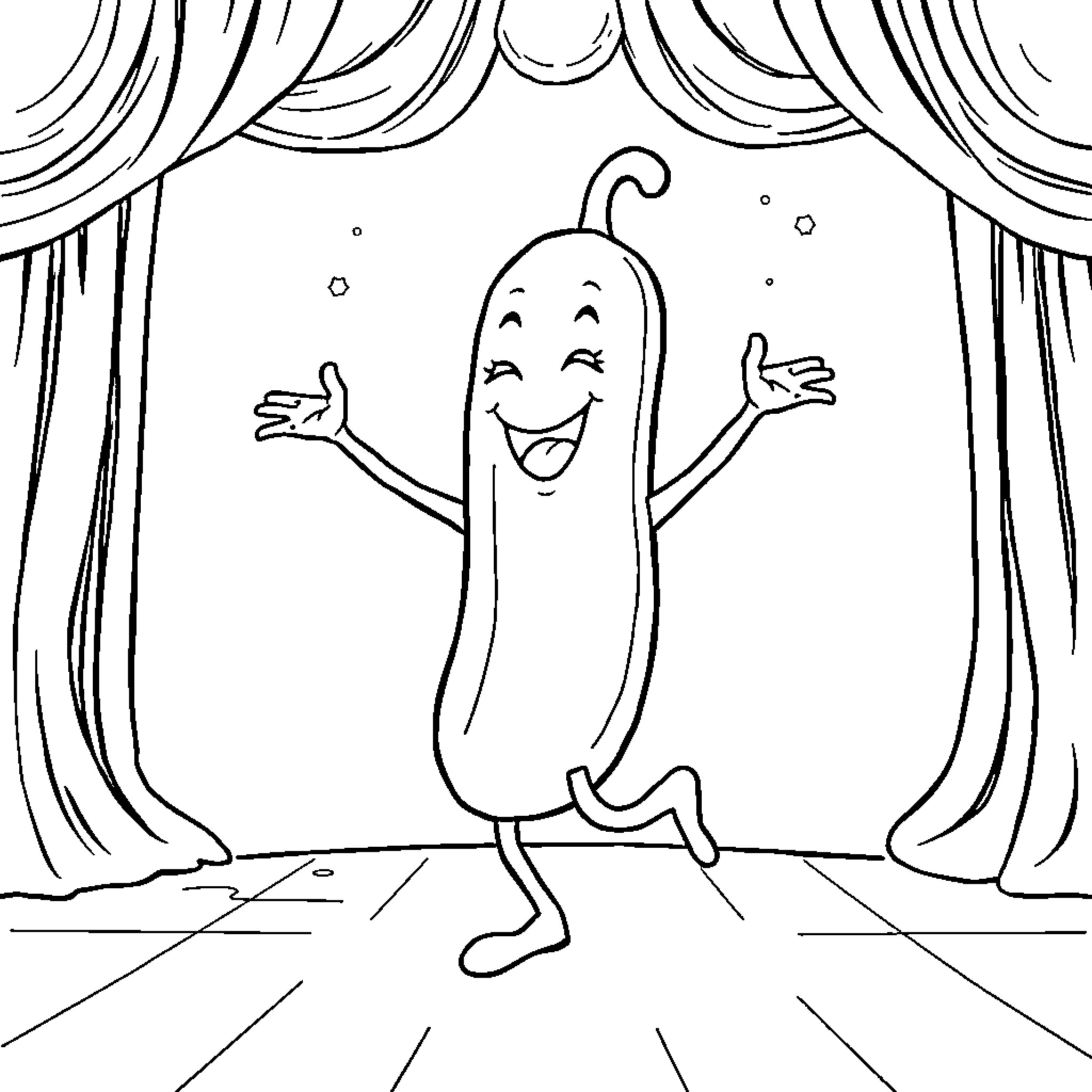 Pickle Performing Cheerfully on Stage Coloring Page (free black-and-white line drawing printable PDF for all, from beginners to advanced learners, including children, teens, adults, and seniors)
